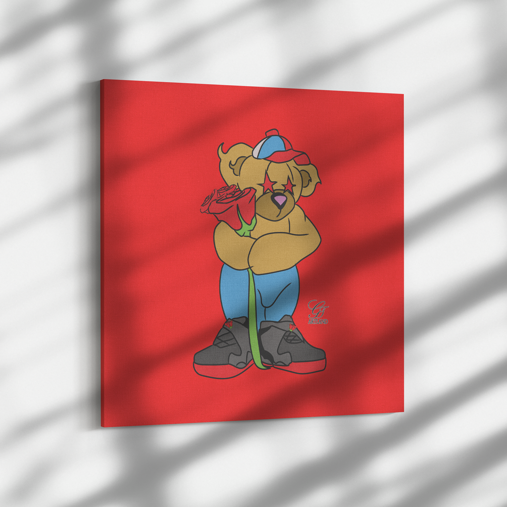 Love Designer Bear holding Red Rose Canvas Wrap by GT Artland