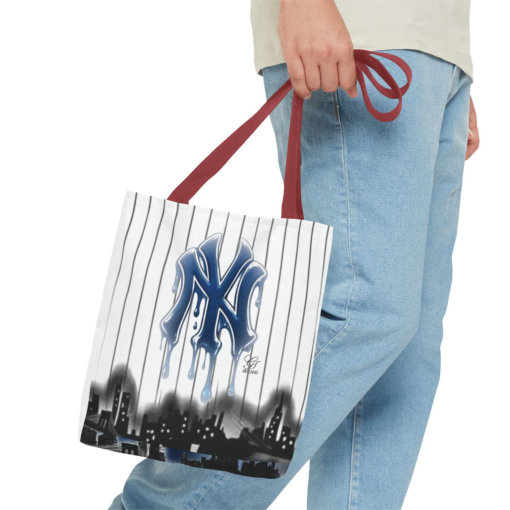 Drip NY Fan Gear Logo Pinstripe Tote Bag — Urban Baseball Cityscape by GT Artland