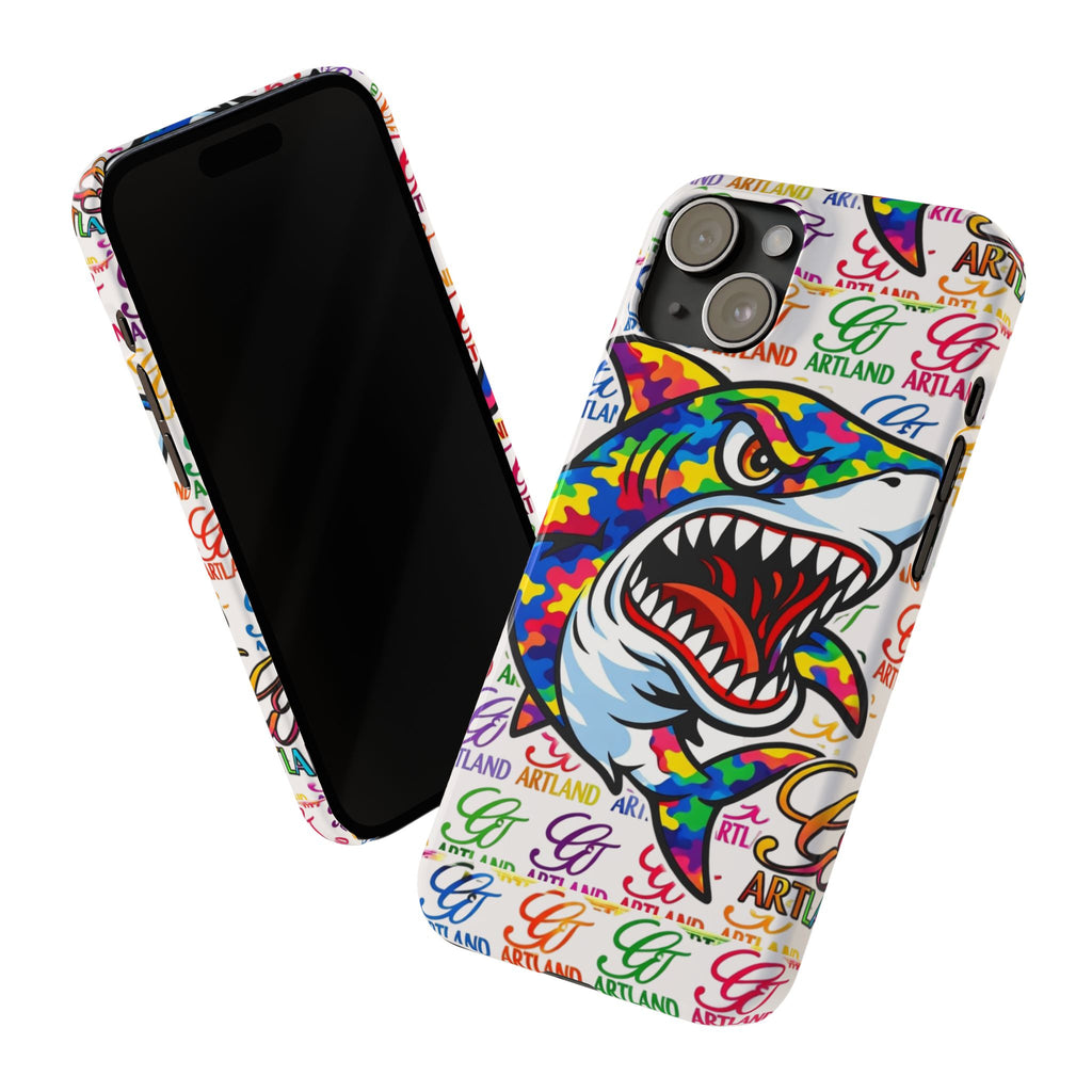 Colorful Camo Designer Shark GT Slim Phone Case | Vibrant Graphic, Artland Logo Background by GT Artland
