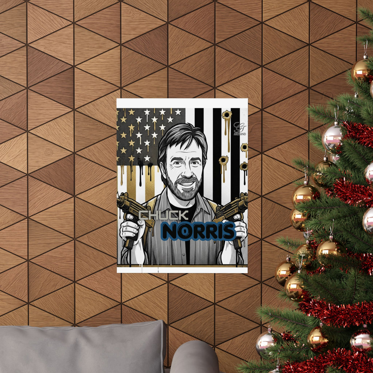 Action Hero Portrait Matte Vertical Poster | Retro Flag, Guns, Bullet Holes by GT Artland