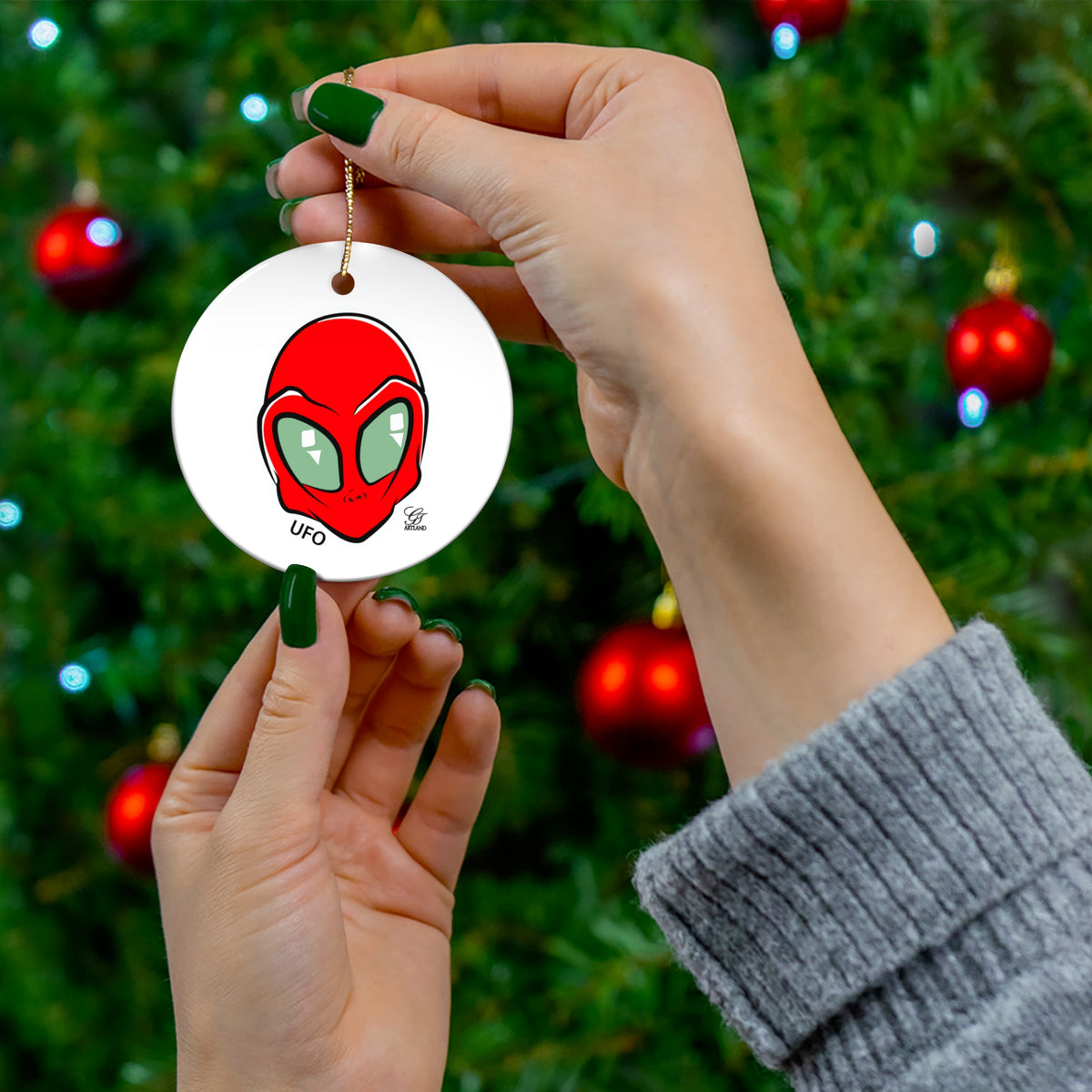 Alien UFO Ceramic Ornament — Red Alien Head Holiday by GT Artland
