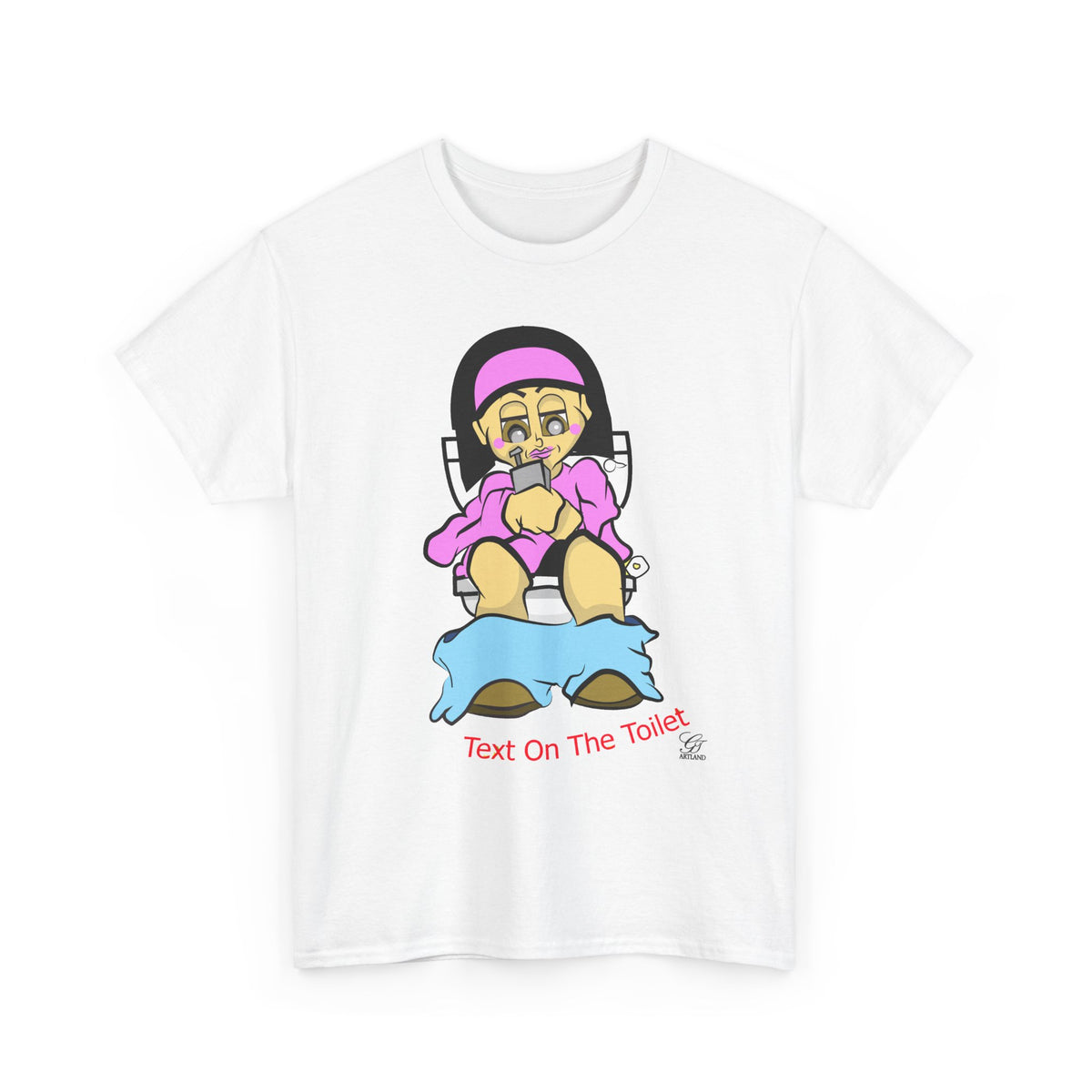 Texting on the Toilet female Illustration T-Shirt | Humor Cartoon Sitting, Text on the Toilet by GT Artland