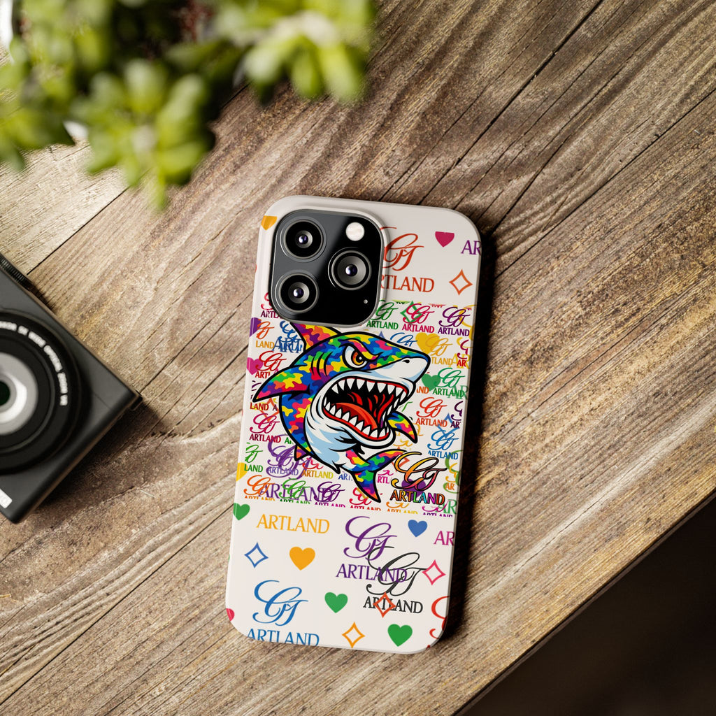 Colorful Designer Shark GT Illustration Slim Phone Case | Rainbow Logo Pattern by GT Artland