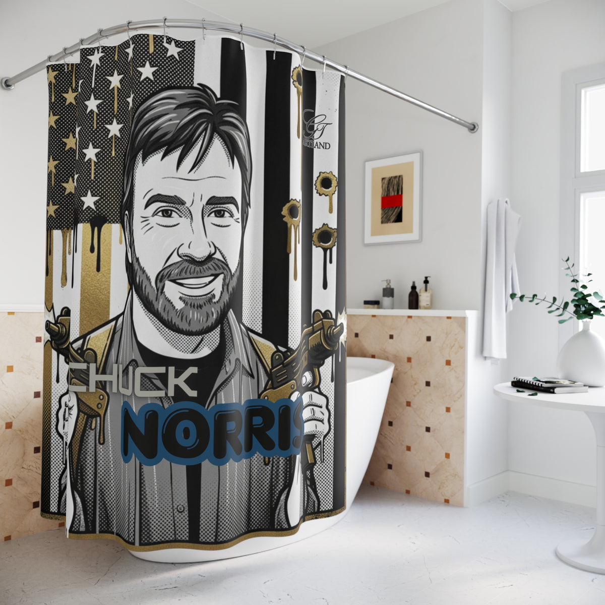 Retro Chuck Norris Action Hero Portrait Shower Curtain | American Flag, Bullet Holes by GT Artland