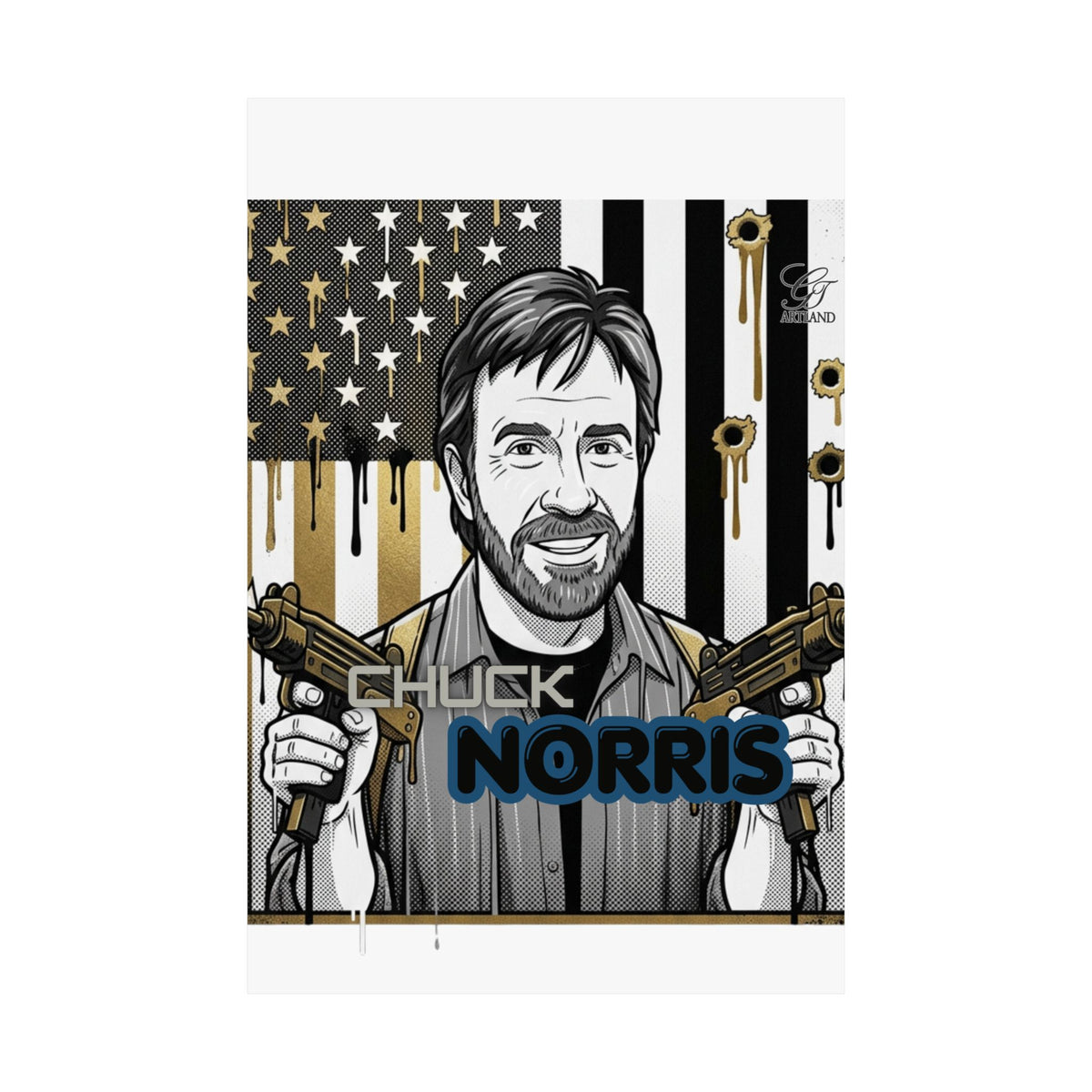 Action Hero Portrait Matte Vertical Poster | Retro Flag, Guns, Bullet Holes by GT Artland