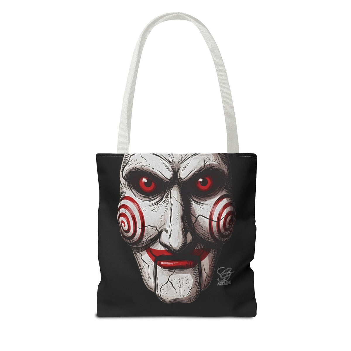 Doll Clown Horror Designer Face Tote Bag | Creepy Red Swirl Puppet Design by GT Artland