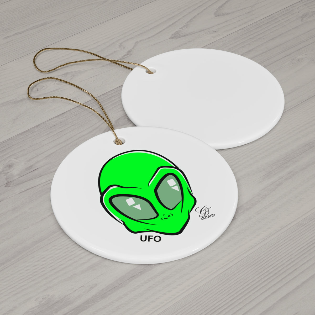 Alien UFO Ceramic Ornament — Green Extraterrestrial Holiday Decoration by GT Artland