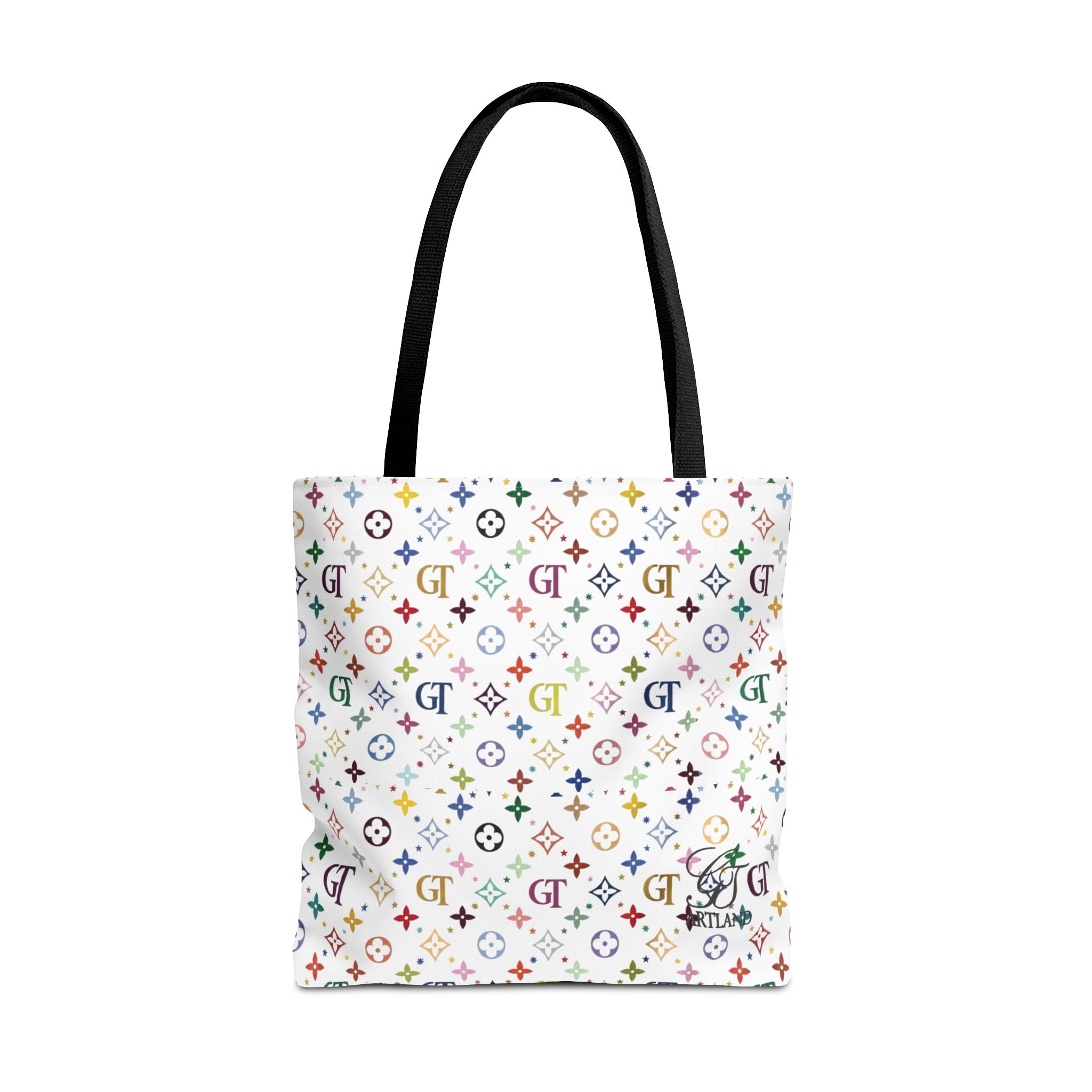 Monogram Rainbow Designer Elite Pattern Tote Bag – Colorful All-Over Print Everyday Tote by GT Artland