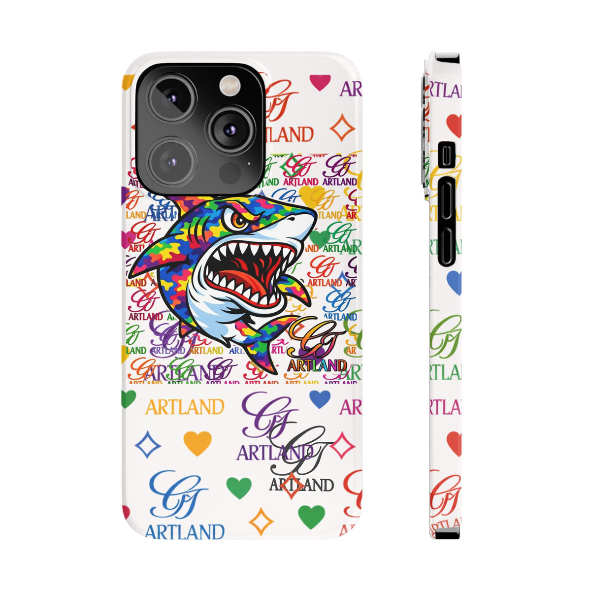 Colorful Designer Shark GT Illustration Slim Phone Case | Rainbow Logo Pattern by GT Artland