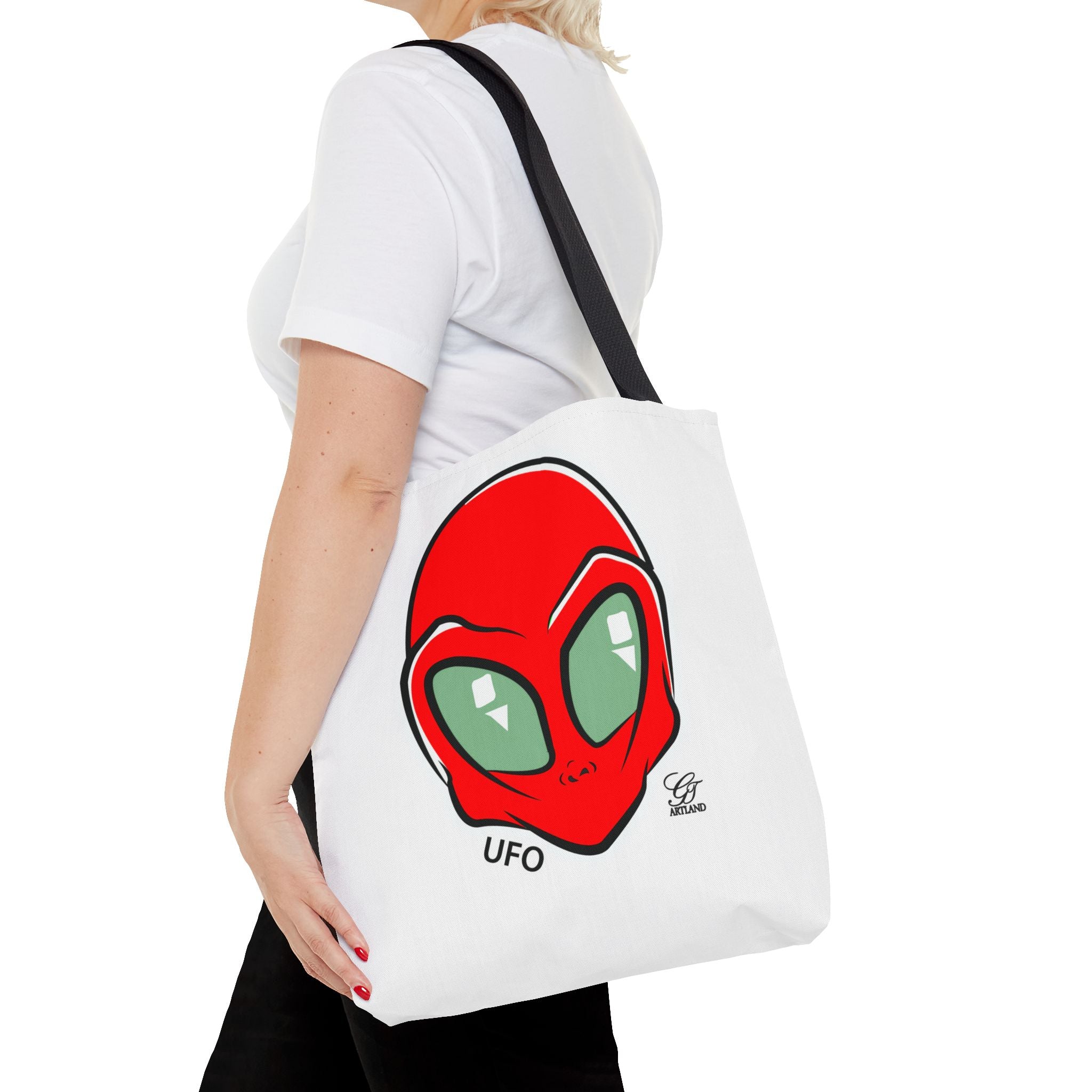 Alien UFO Tote Bag — Red Alien Head Graphic Beach & Market Tote by GT Artland