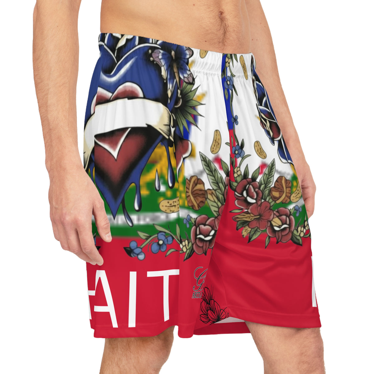 Haitian Pride Flag Heart Tattoo Basketball Shorts | Deluxe Edition by GT Artland