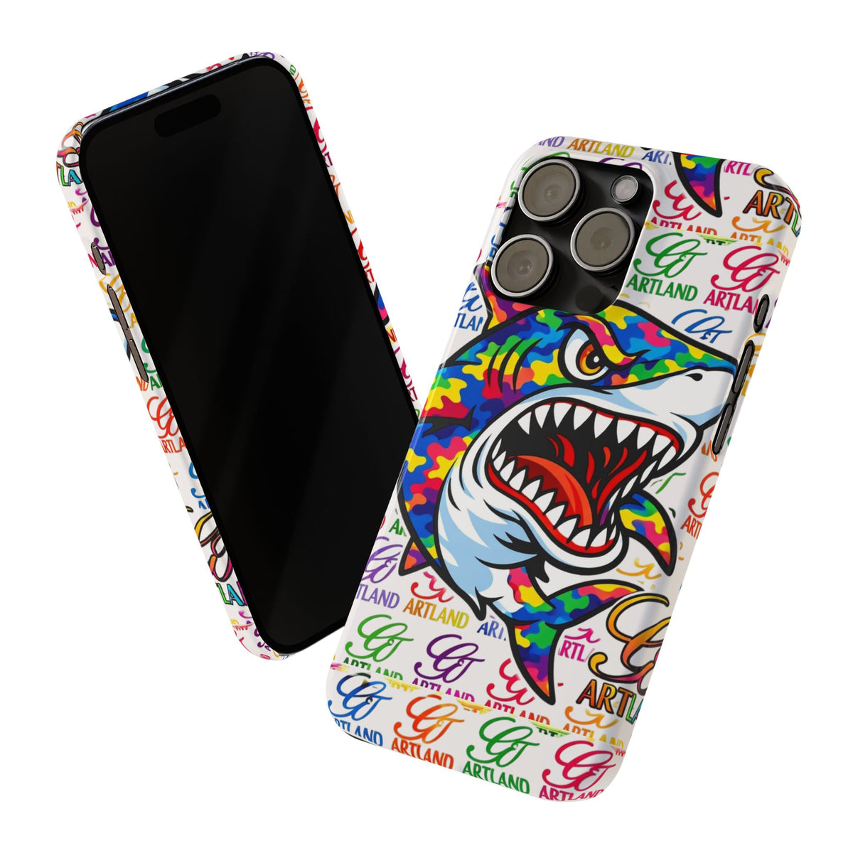 Colorful Camo Designer Shark GT Slim Phone Case | Vibrant Graphic, Artland Logo Background by GT Artland