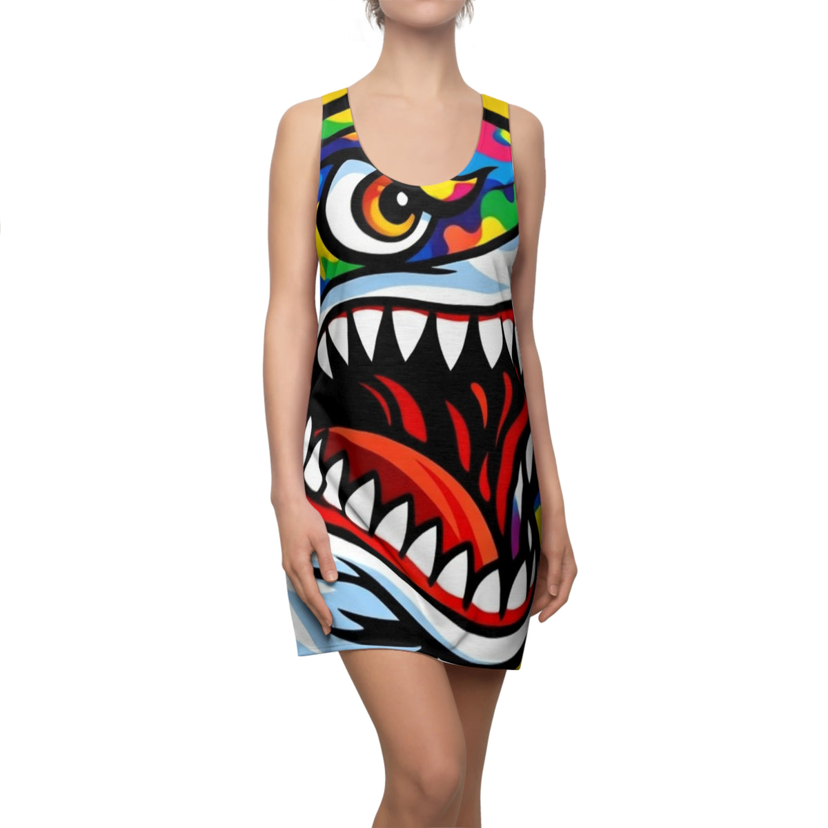 Colorful Shark Face Racerback Dress | All-Over Print