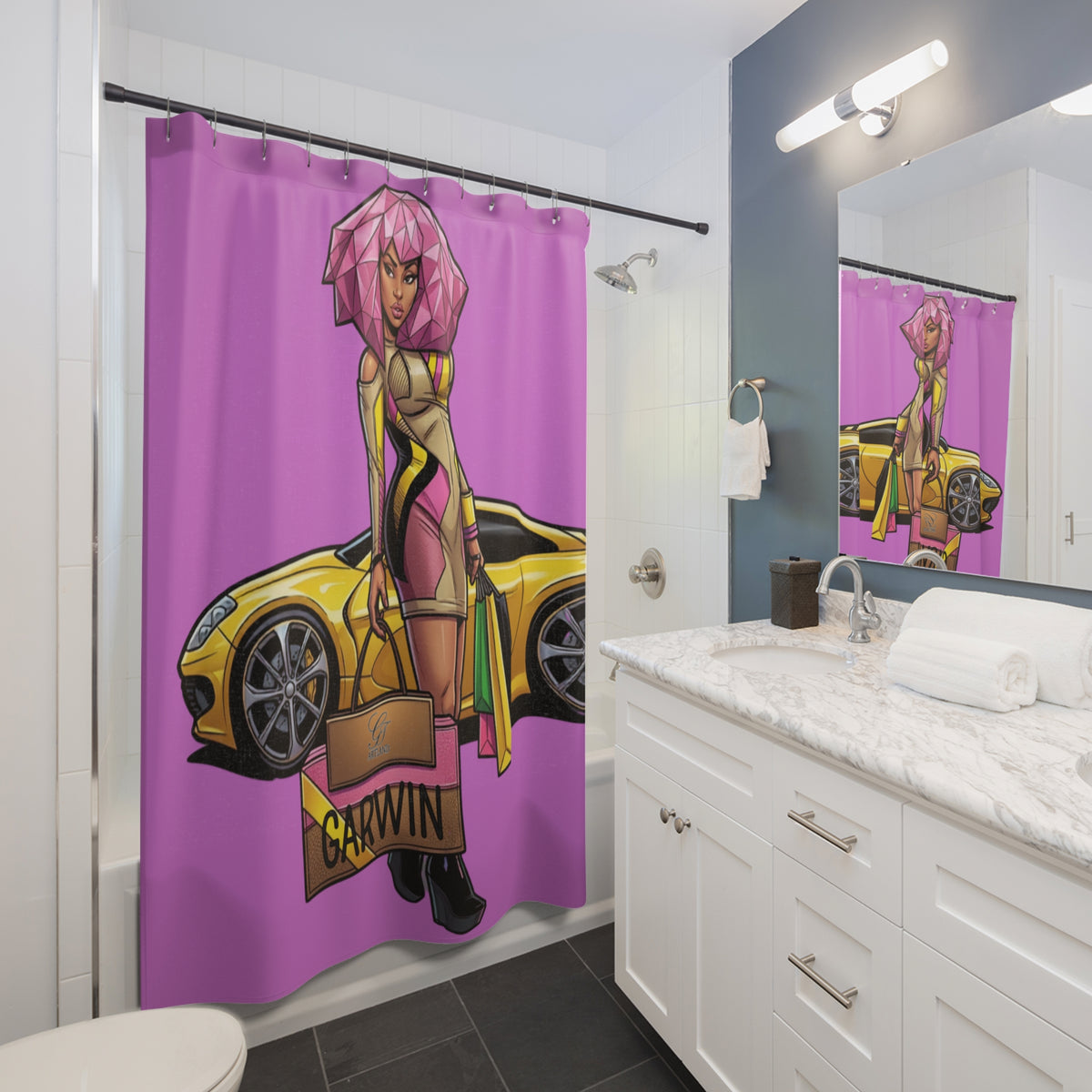Pink Diva Vixen W Sports Car Shower Curtain | Gothic Bathroom Décor by GT Artland