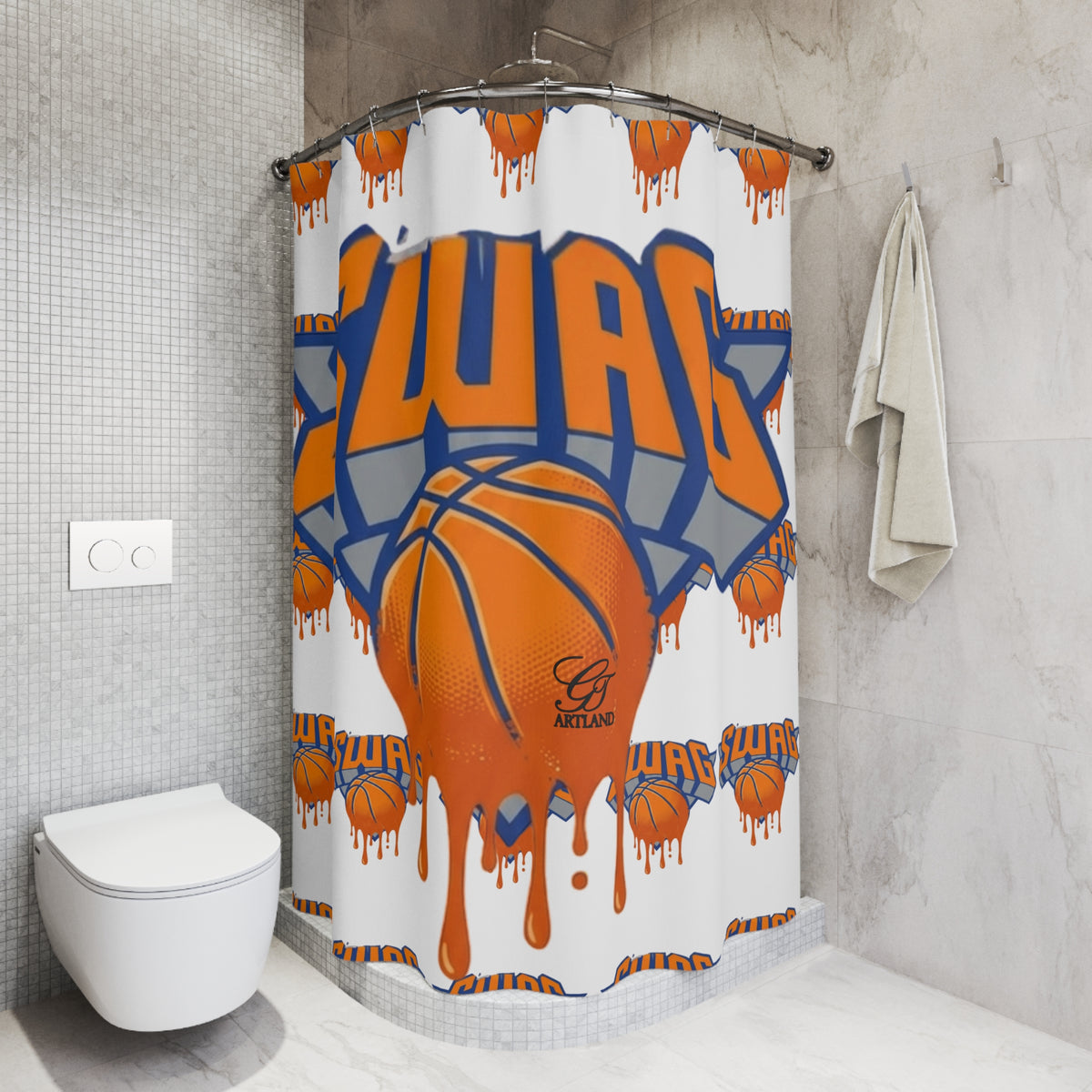 SWAG Designer Drip Basketball Shower Curtain | Sports Theme, Orange Blue by GT Artland