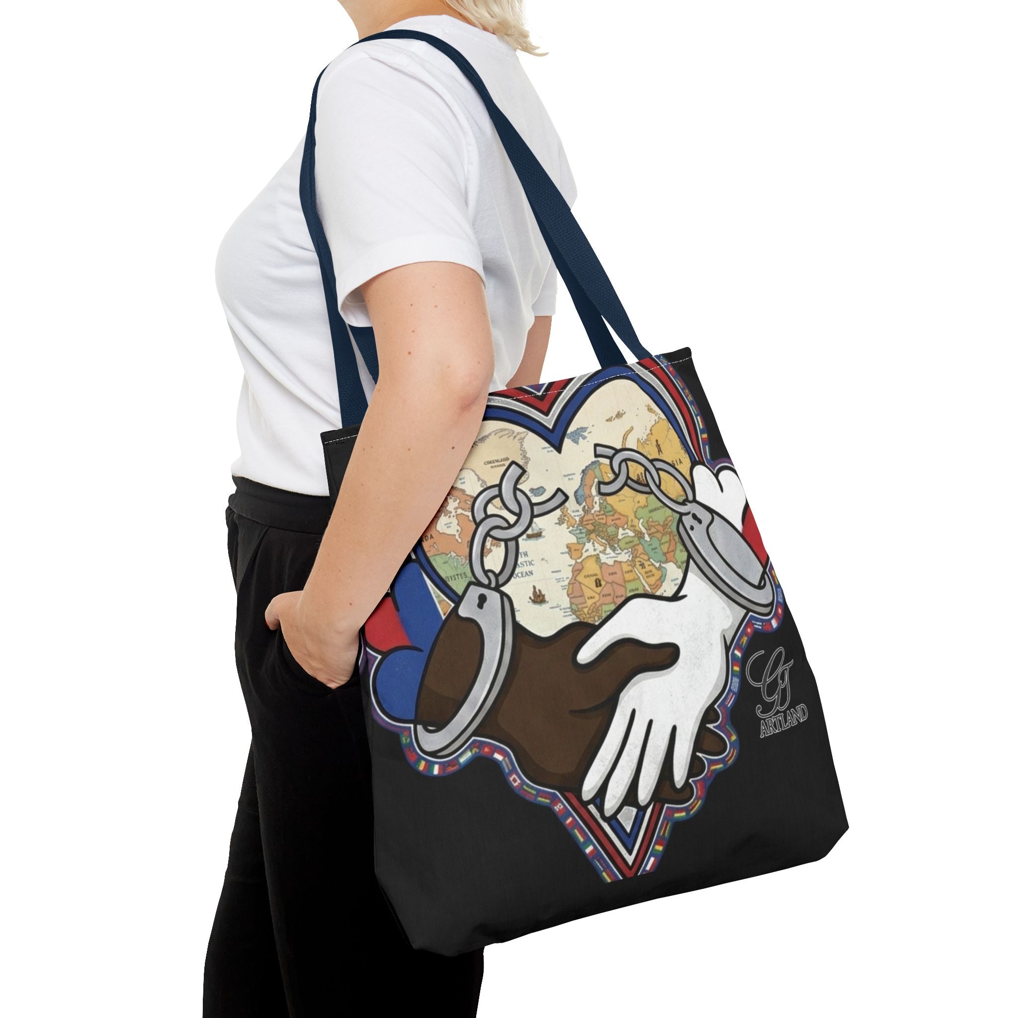 Interracial Unity Heart Handcuffs Tote Bag | All-Over Print by GT Artland