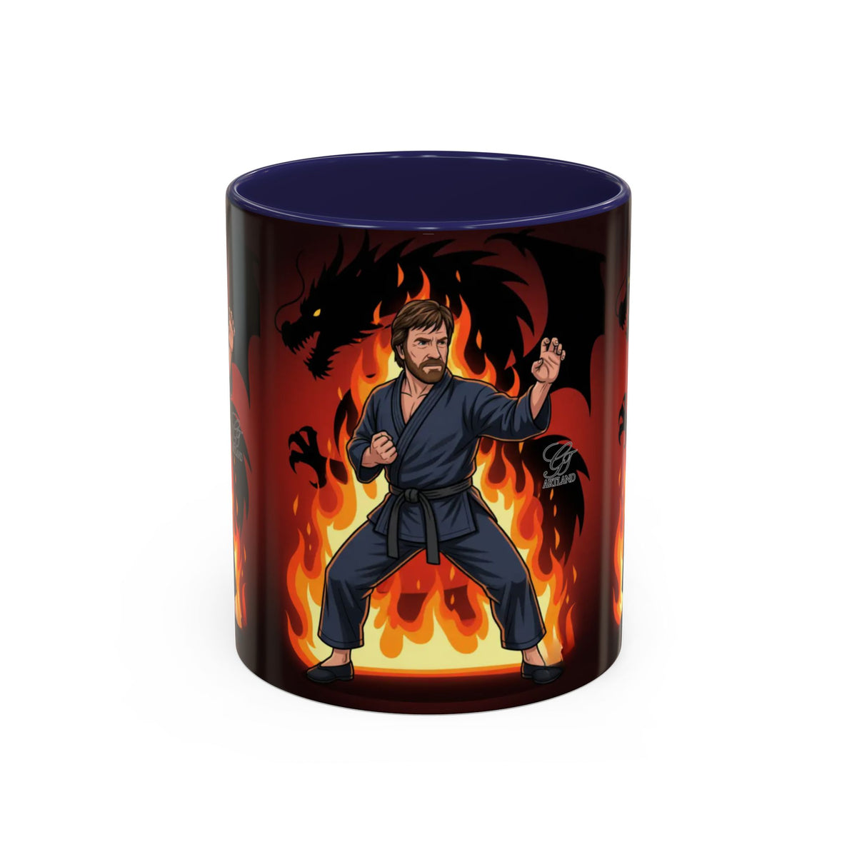 Martial Artist Chuck Norris with Dragon Flames Mug | Accent Coffee Mug 11oz/15oz by GT Artland
