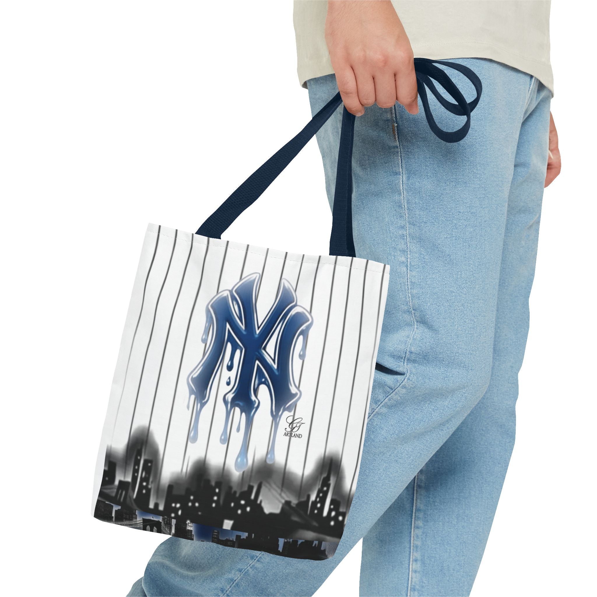 Drip NY Fan Gear Logo Pinstripe Tote Bag — Urban Baseball Cityscape by GT Artland