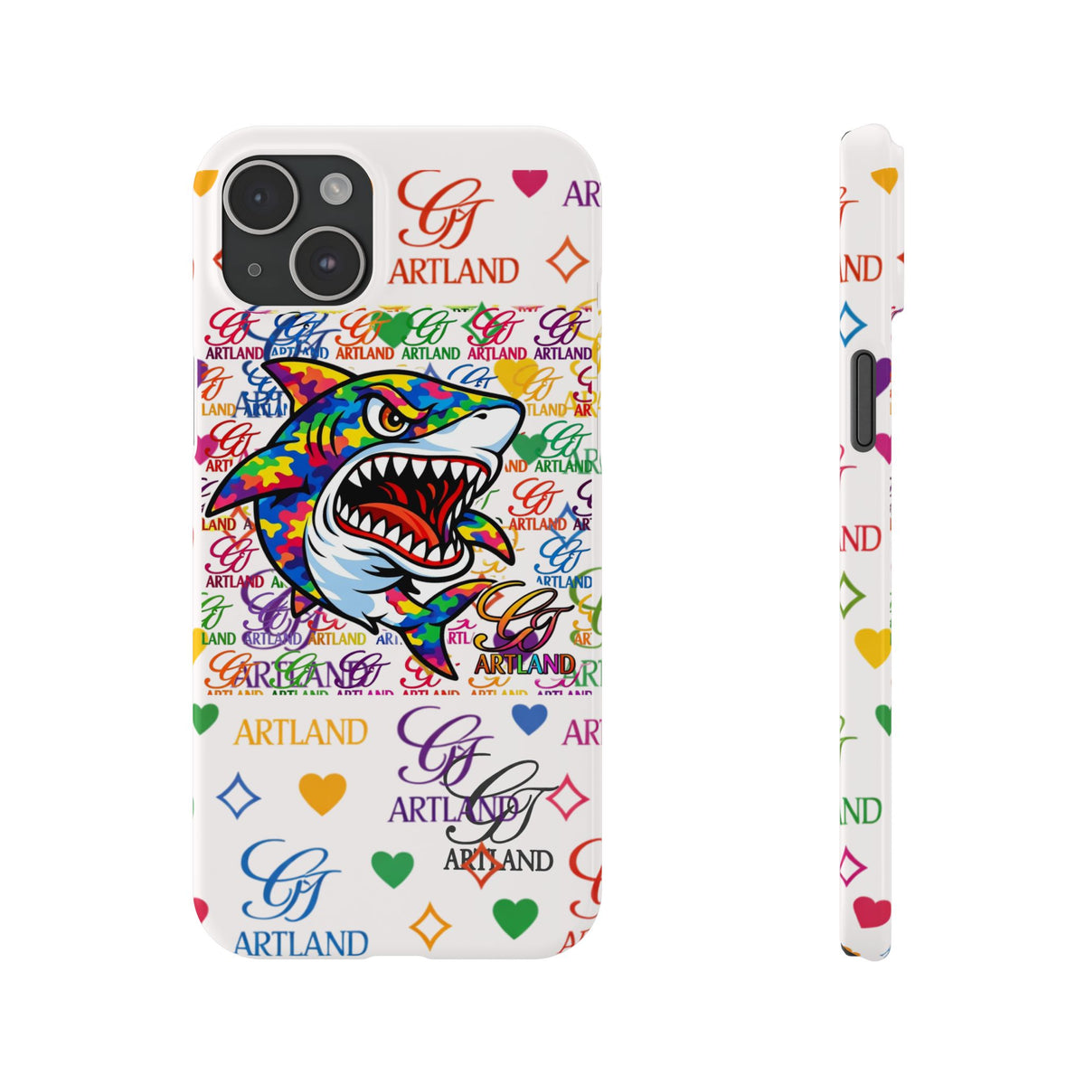 Colorful Designer Shark GT Illustration Slim Phone Case | Rainbow Logo Pattern by GT Artland