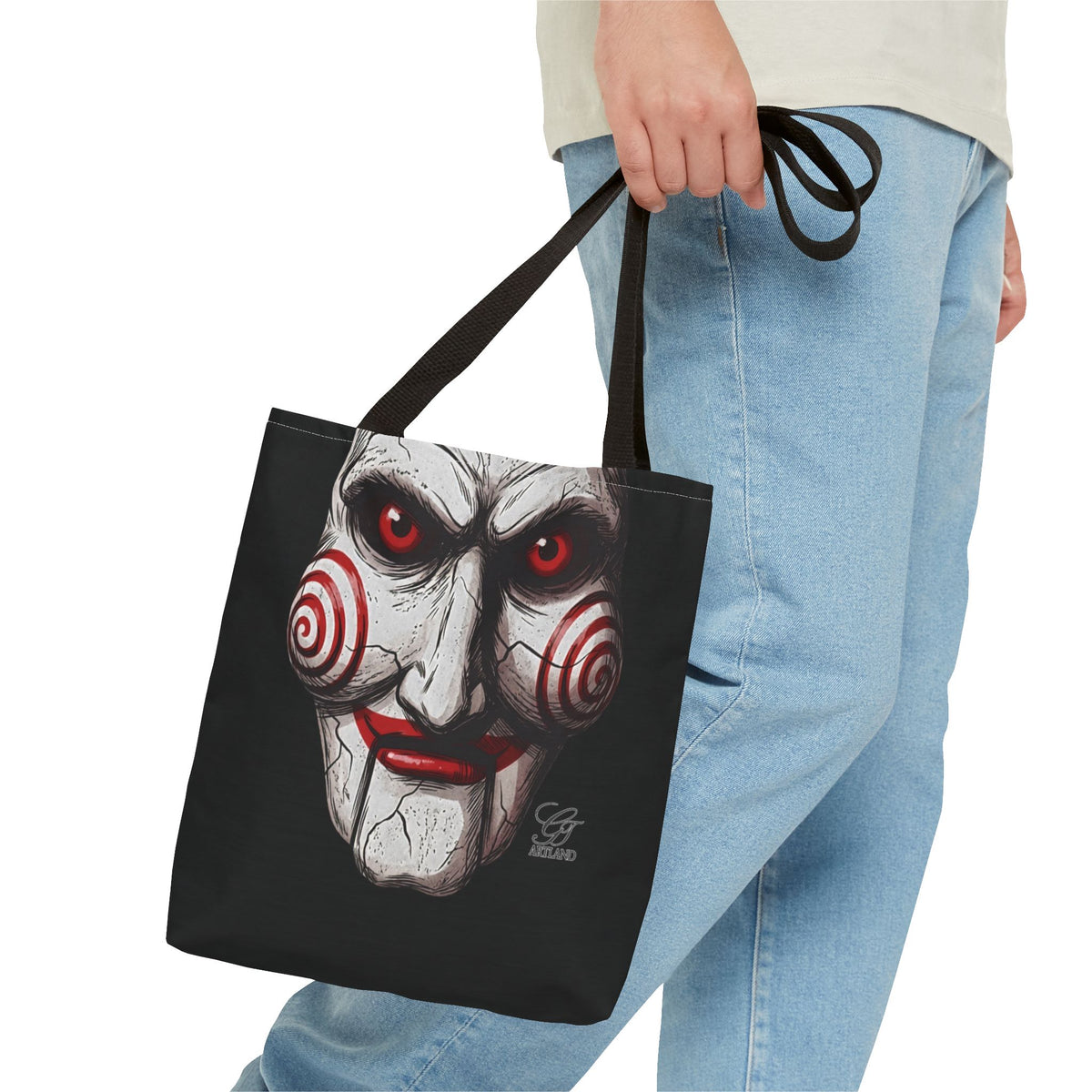 Doll Clown Horror Designer Face Tote Bag | Creepy Red Swirl Puppet Design by GT Artland