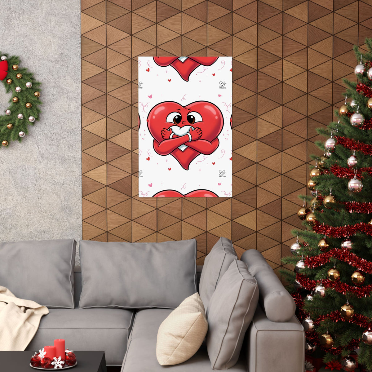 Valentine Hug Heart Matte Poster — Cute Cartoon Heart Embrace Wall Art by GT Artland