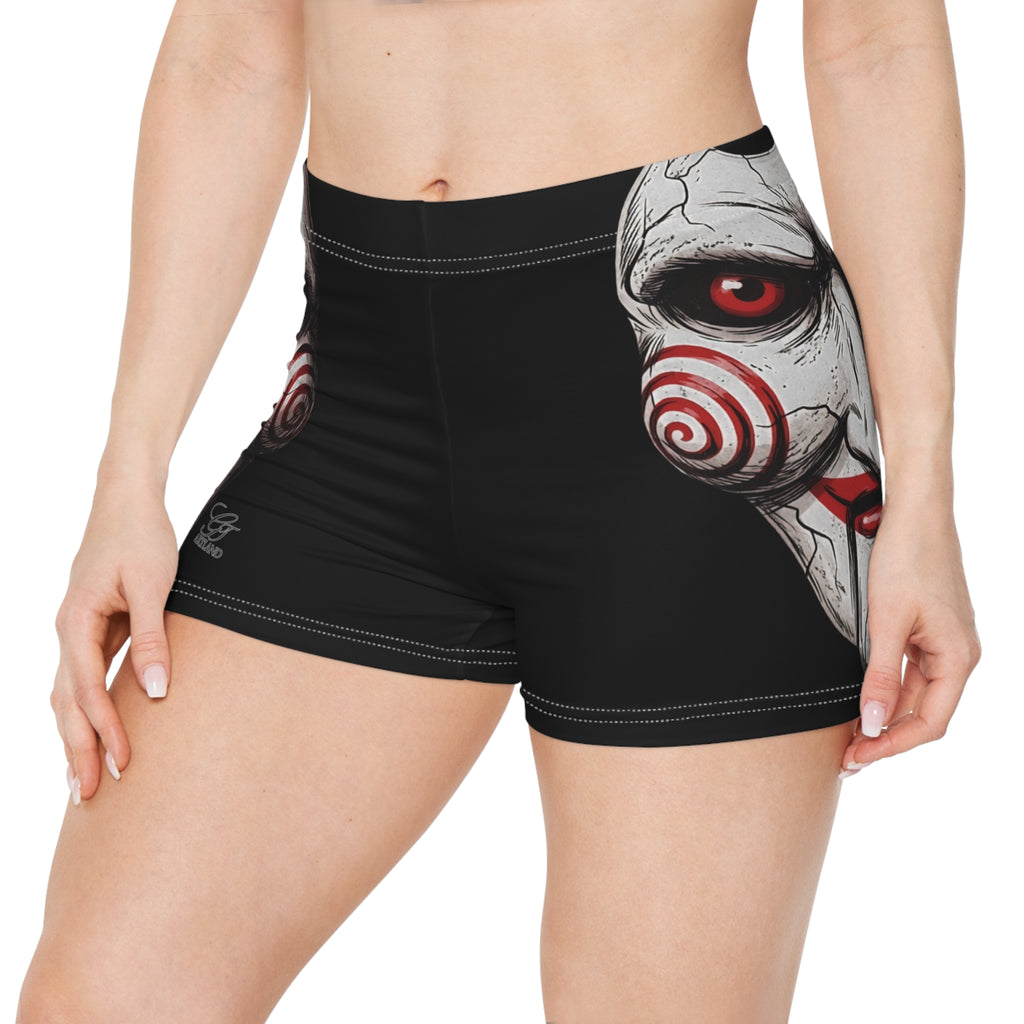 Horror Puppet Face Women's Shorts | Creepy Red Spiral Mask