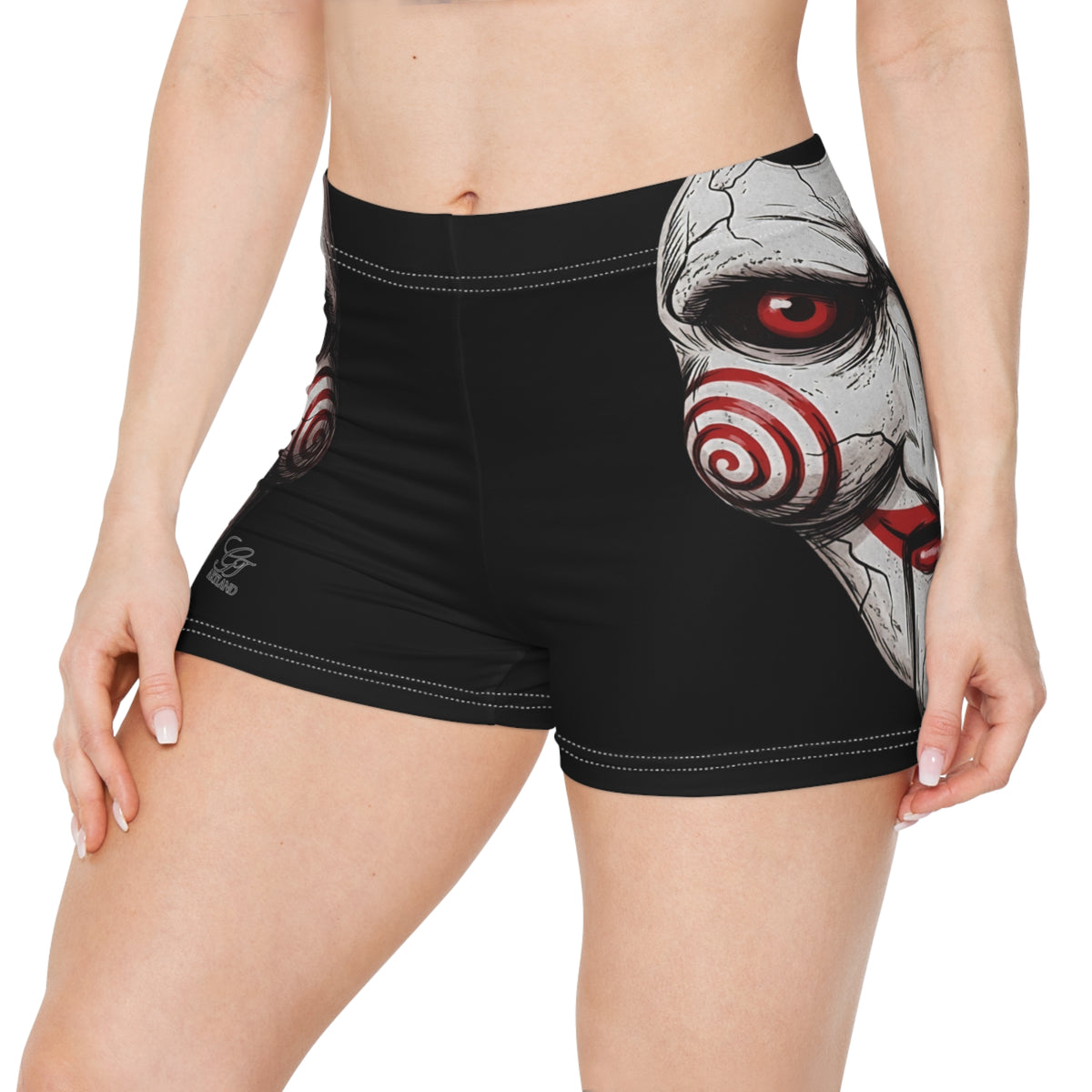 Horror Puppet Face Women's Shorts | Creepy Red Spiral Mask