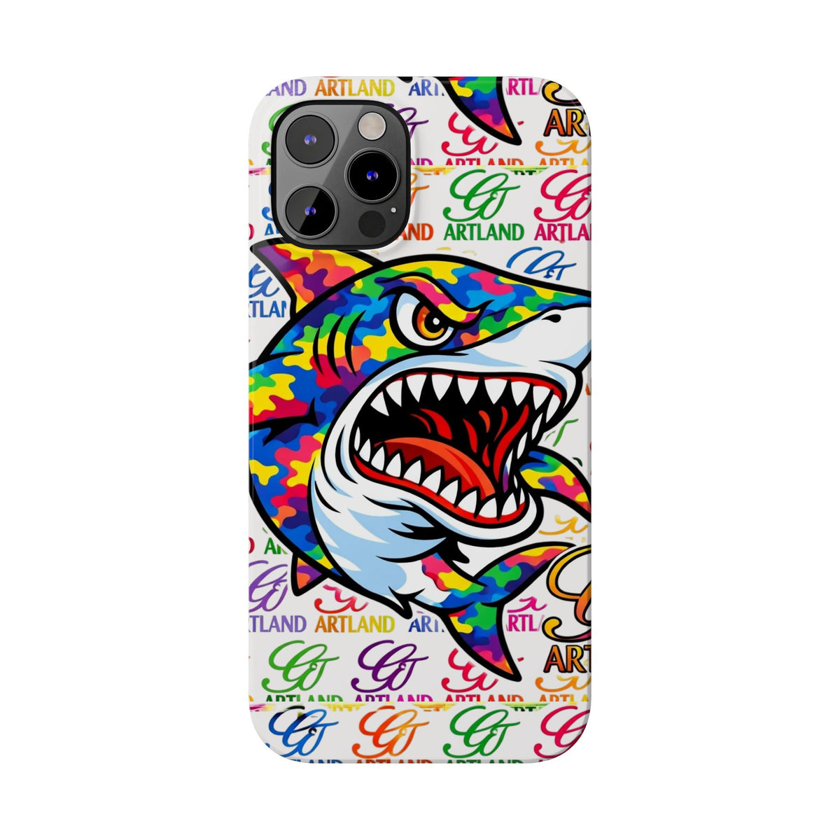 Colorful Camo Designer Shark GT Slim Phone Case | Vibrant Graphic, Artland Logo Background by GT Artland