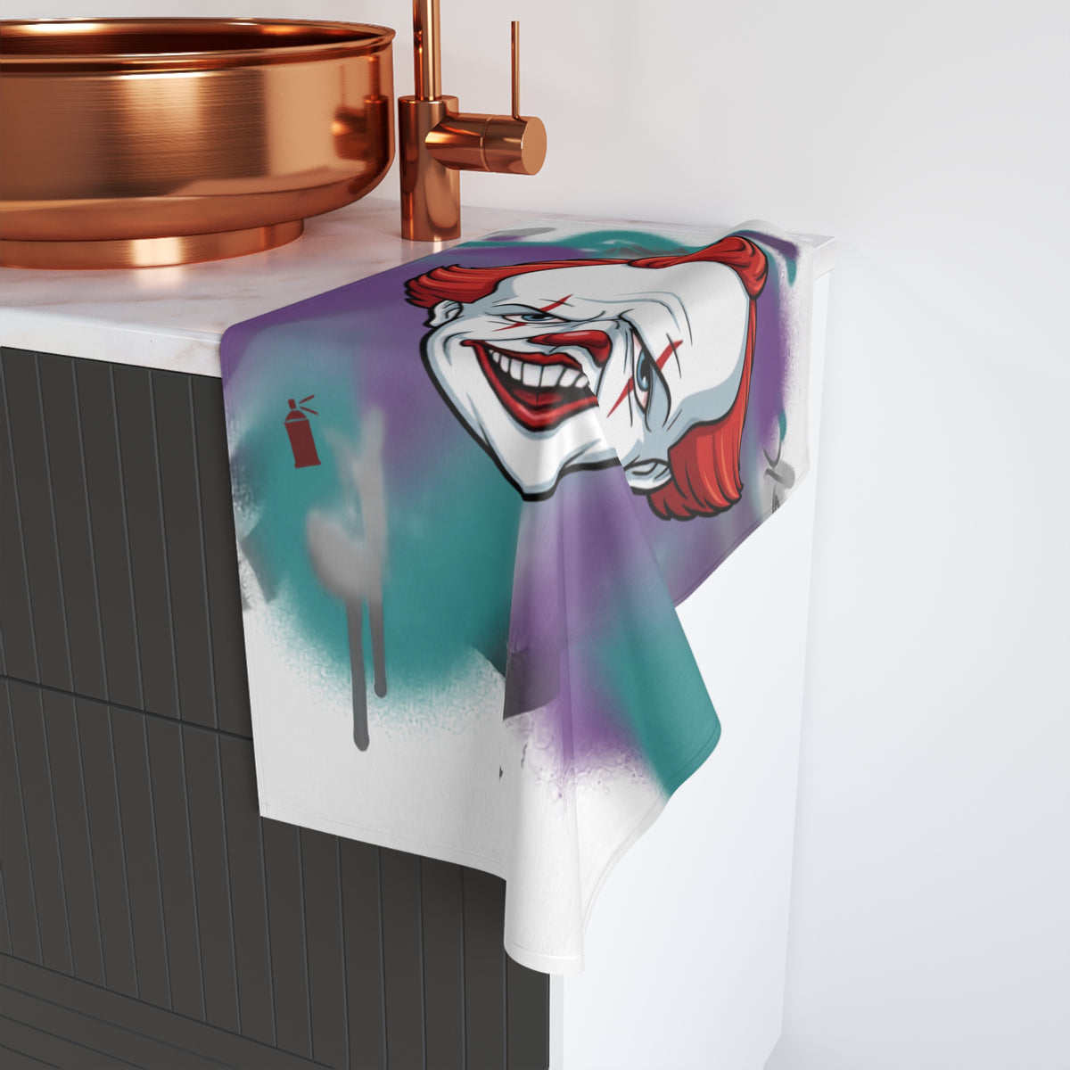 Scary Red Clown Hand Towel | Horror Face, Graffiti Background by GT Artland