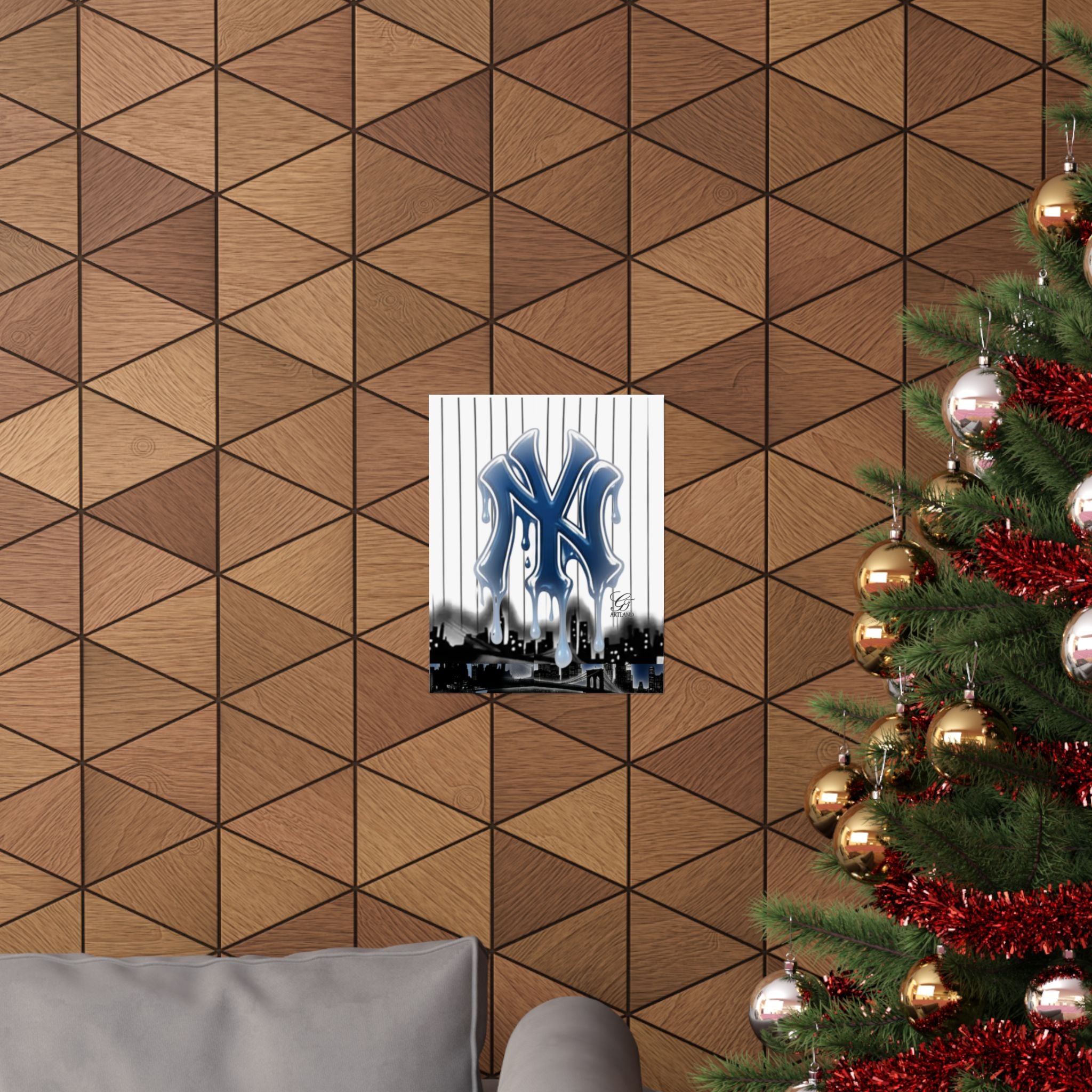 Dripping NY Logo Matte Vertical Poster | Baseball Pinstripe Art by GT Artland