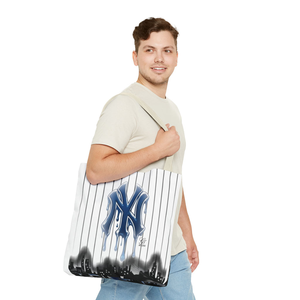 Drip NY Fan Gear Logo Pinstripe Tote Bag — Urban Baseball Cityscape by GT Artland