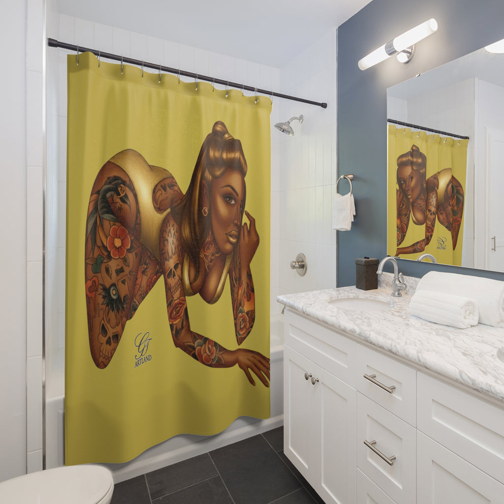 Tattooed Pinup Diva Shower Curtain - Yellow -Bathroom