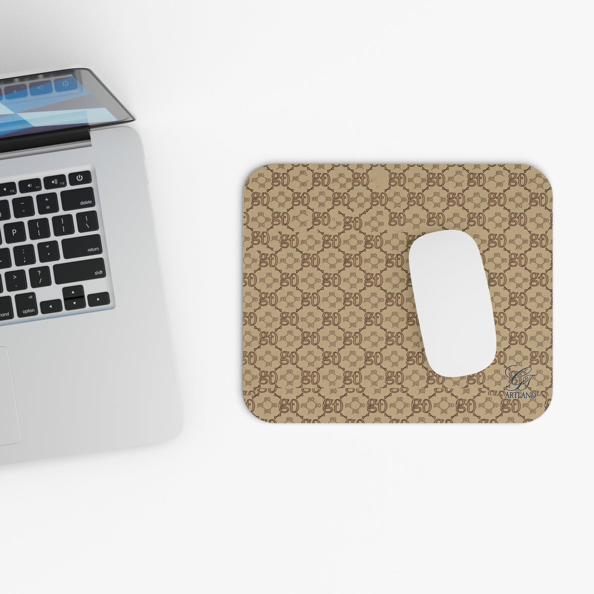 Beige Monogram Pattern Mouse Pad | Neutral Designer-Inspired Desk Mat by GT Artland