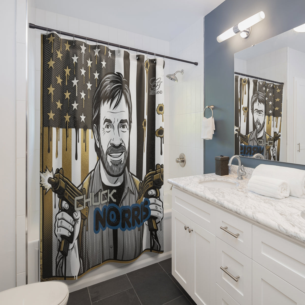 Retro Chuck Norris Action Hero Portrait Shower Curtain | American Flag, Bullet Holes by GT Artland