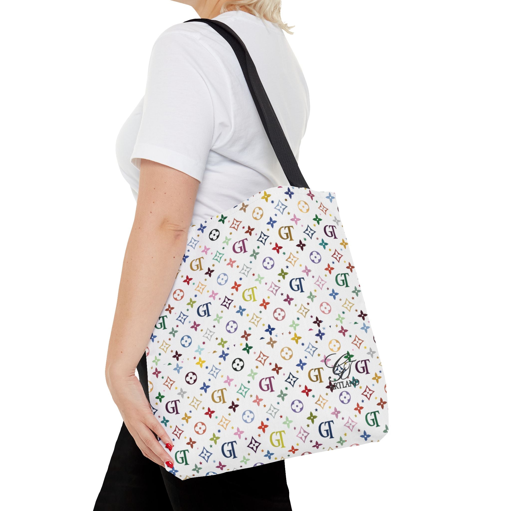 Monogram Rainbow Designer Elite Pattern Tote Bag – Colorful All-Over Print Everyday Tote by GT Artland