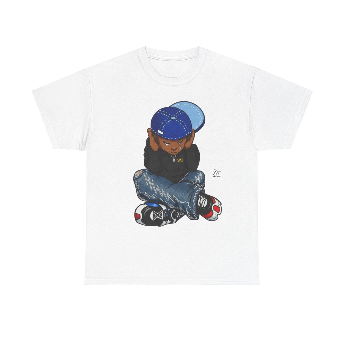 Ebony Sad Kid Illustration T-Shirt | Sitting Boy Graphic Tee b