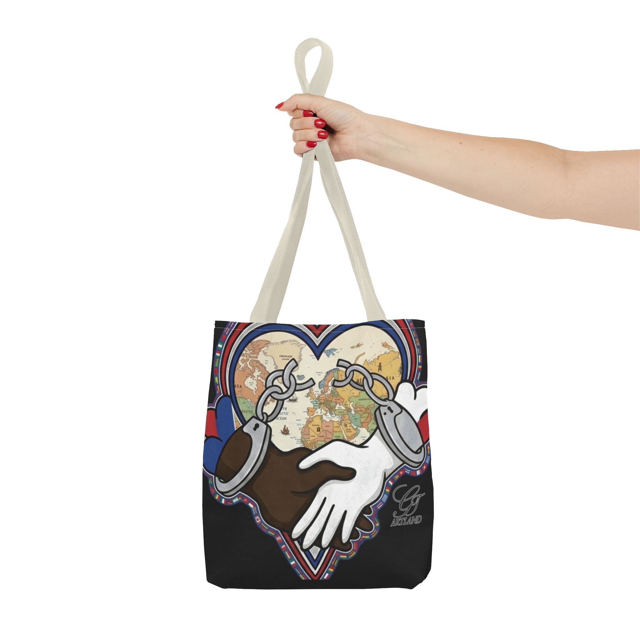 Interracial Unity Heart Handcuffs Tote Bag | All-Over Print by GT Artland