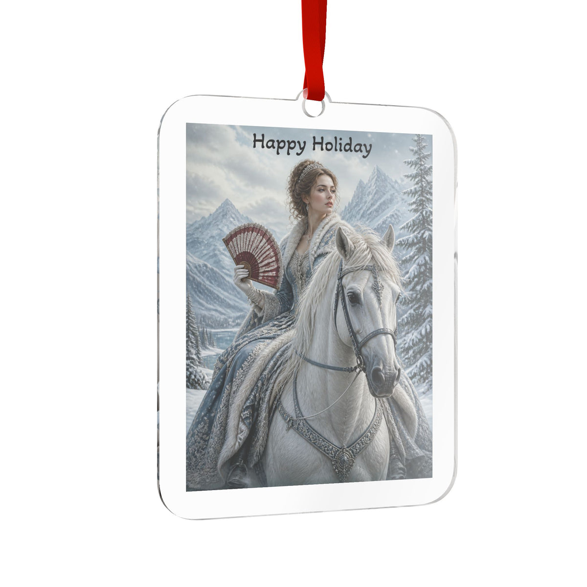 Custom Cut Acrylic Ornament – Happy Holiday Horseback Rider Winter Christmas Decor