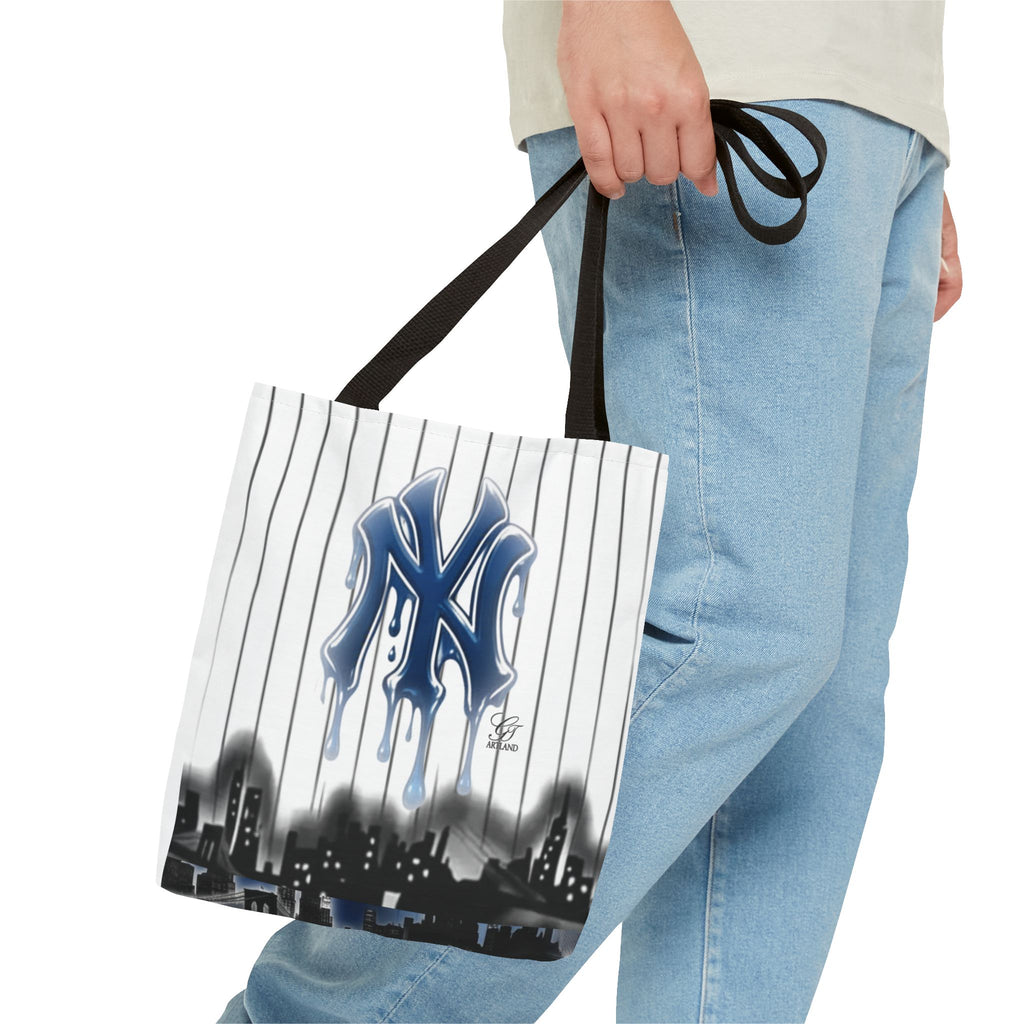 Drip NY Fan Gear Logo Pinstripe Tote Bag — Urban Baseball Cityscape by GT Artland