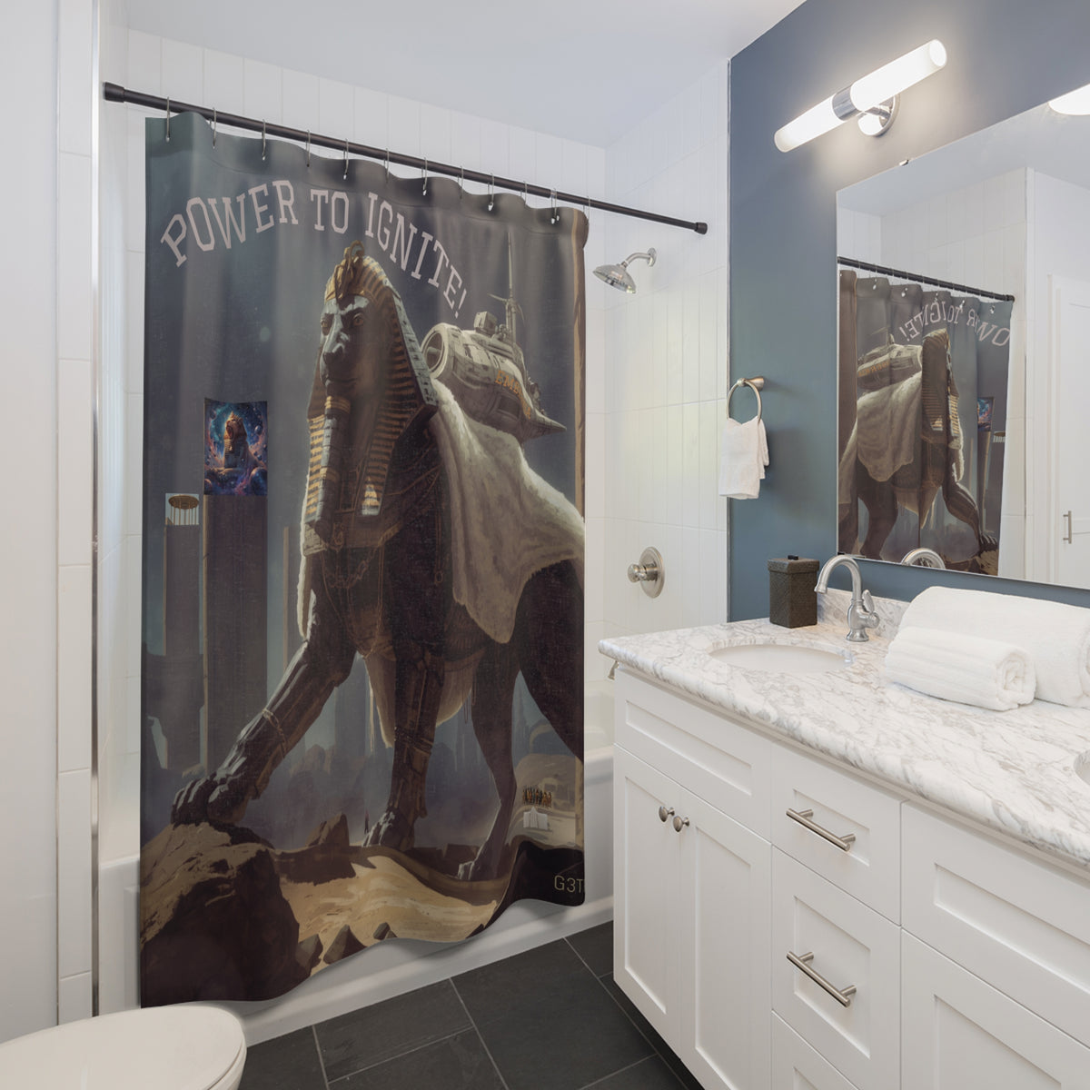 Power to Ignite Pharaoh Shower Curtain | Egyptian Sphinx Sci‑Fi Decor