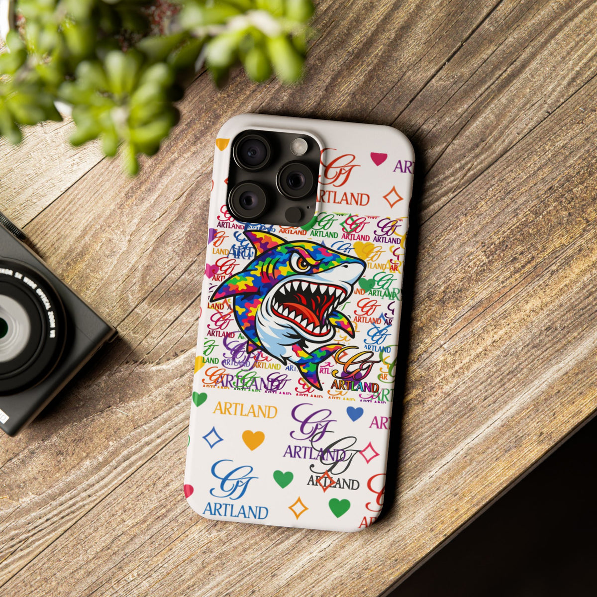 Colorful Designer Shark GT Illustration Slim Phone Case | Rainbow Logo Pattern by GT Artland