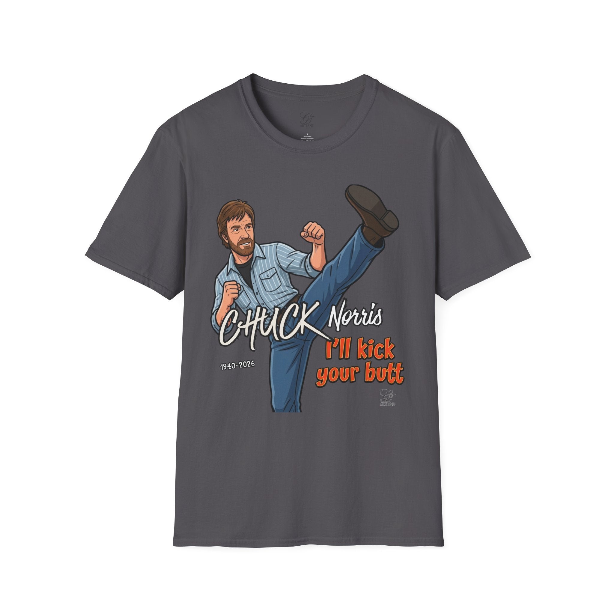 Chuck Norris Kick Illustration T-Shirt | I'll Kick Your Butt text by GT Artland