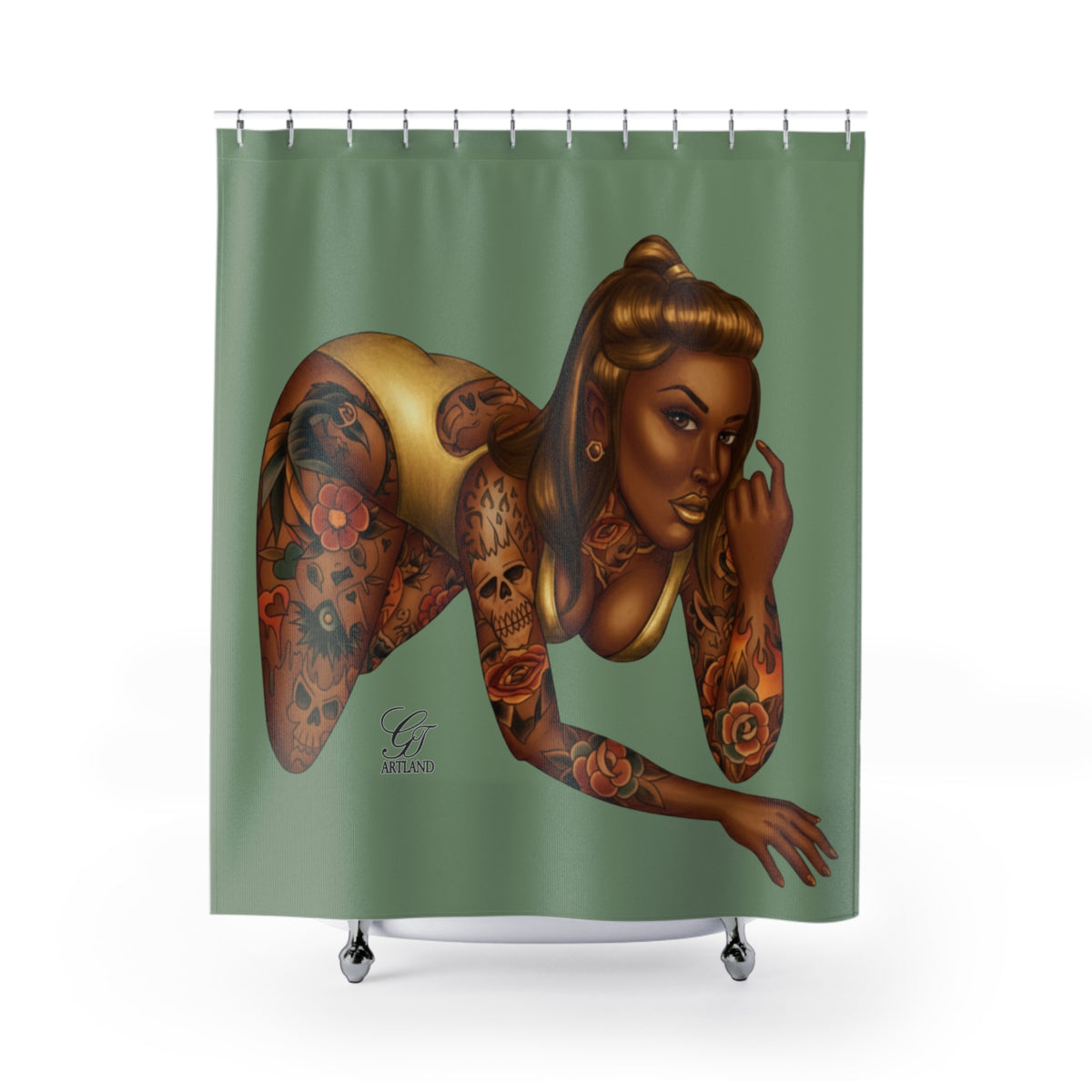 Tattooed Pinup Diva Shower Curtain - Green- Bathroom