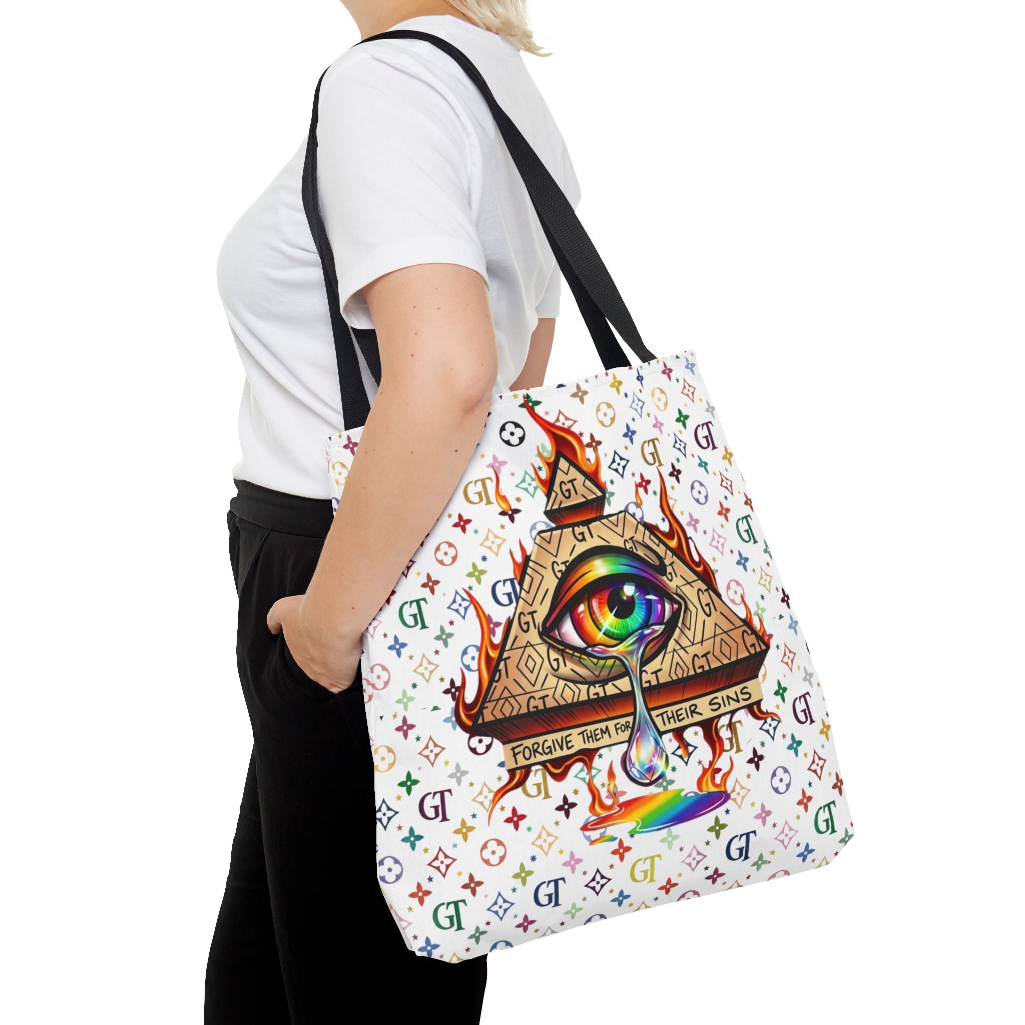 All-Seeing Eye Rainbow Pyramid Tote Bag — Forgive Them For Their Sins by GT Artland