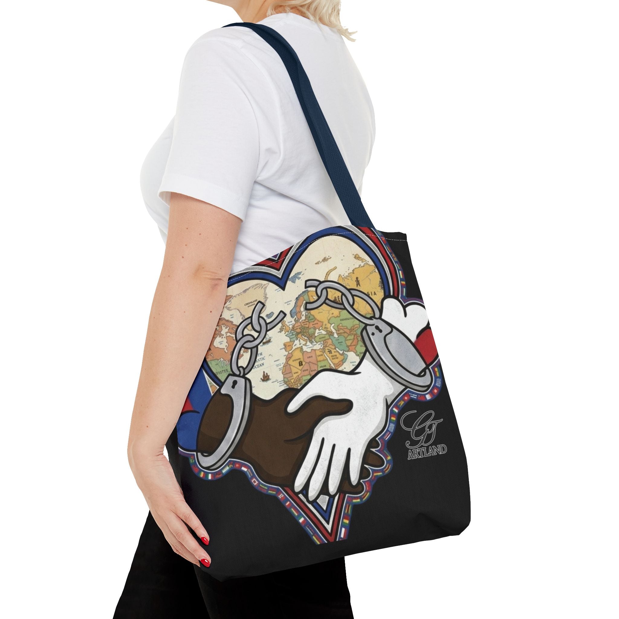 Interracial Unity Heart Handcuffs Tote Bag | All-Over Print by GT Artland