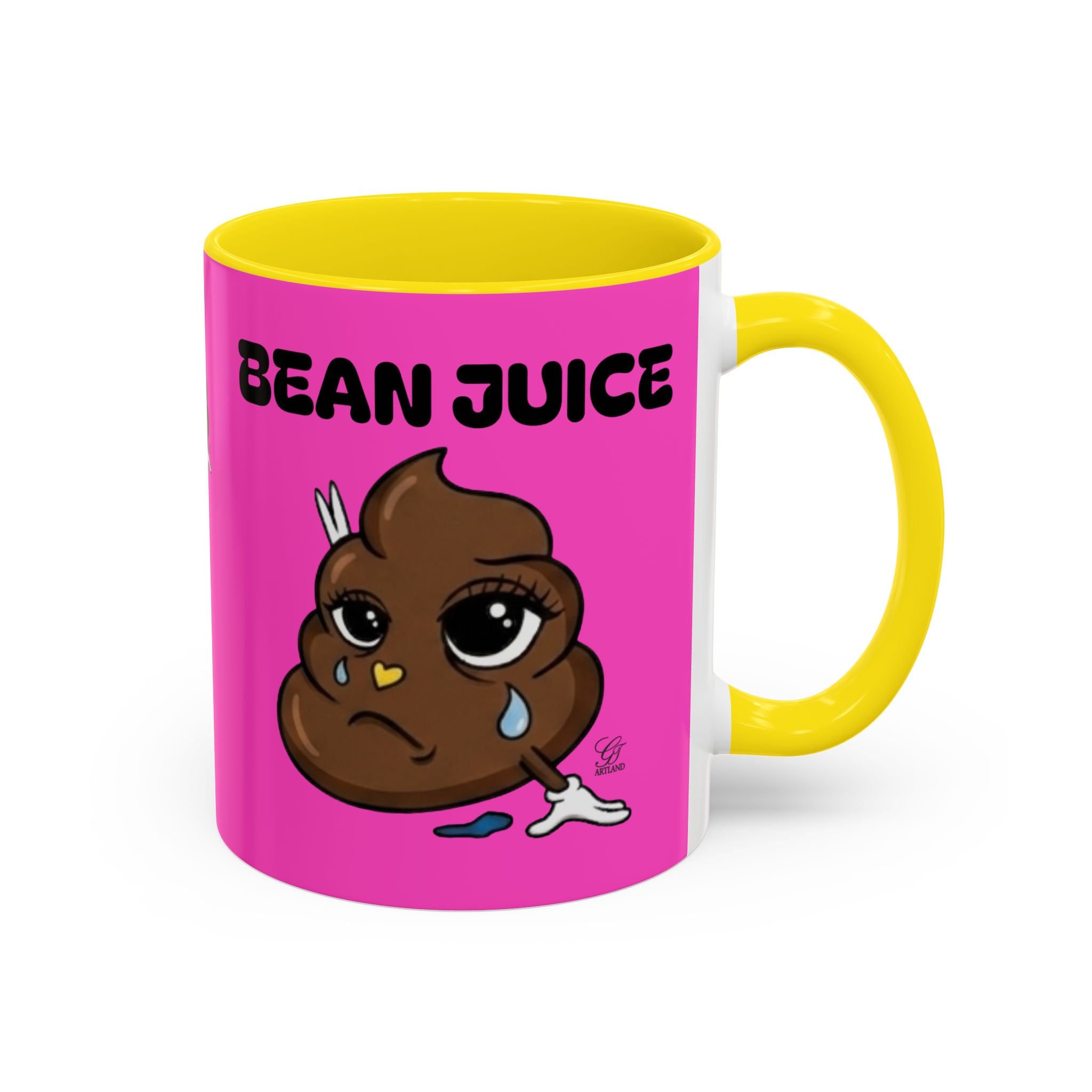 Bean Juice Coffee Mug — Funny Pink Accent Mug with Cute Poop Emoji Design (11/15oz) by GT Artland