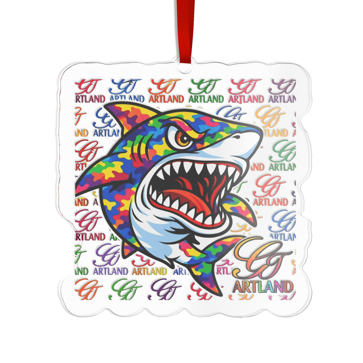 Custom Cut Acrylic Ornament – Colorful Shark Mascot Design by GT Artland