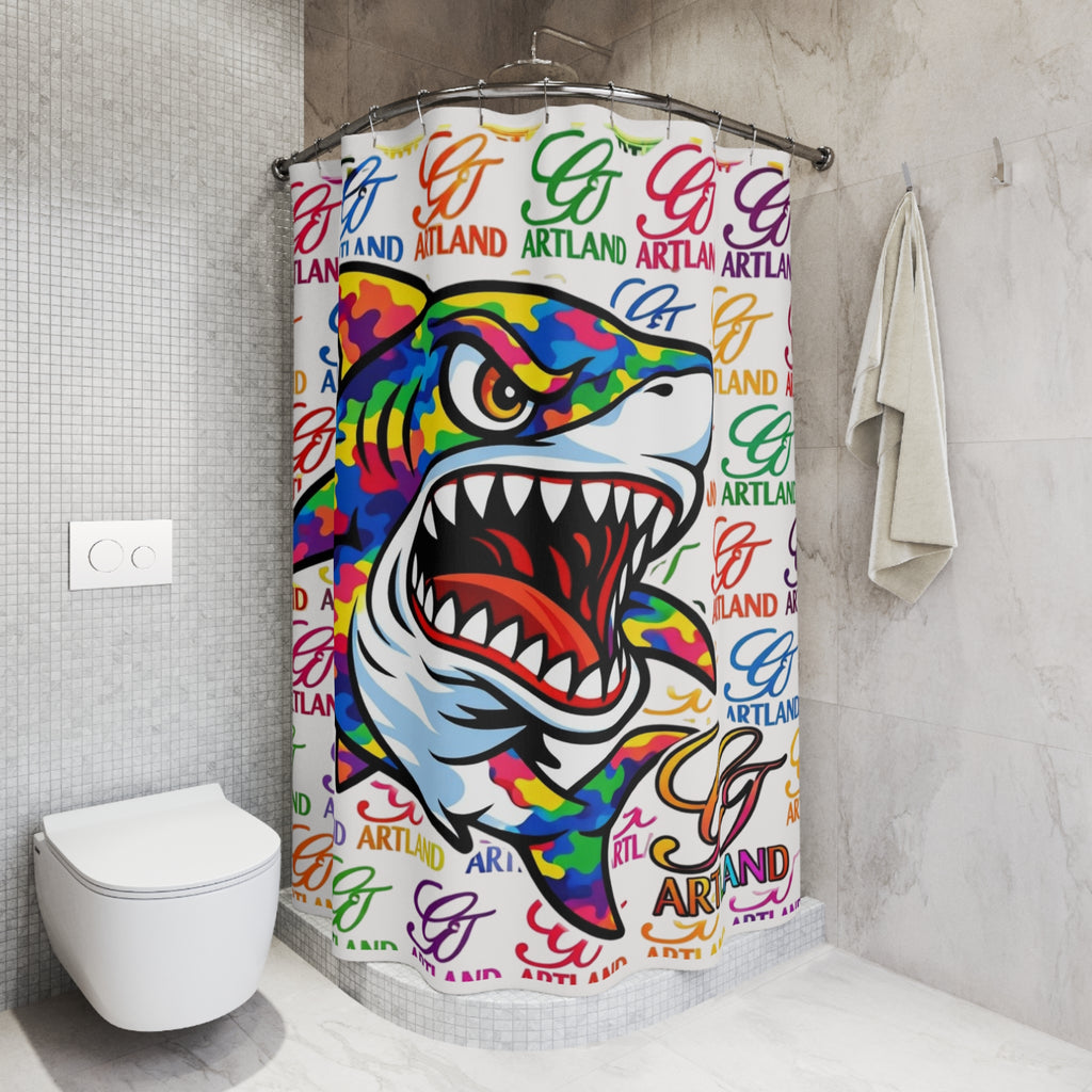 Colorful Designer Killa Rainbow Camouflage Shark GT Shower Curtain | Pop Art Logo Pattern by GT Artland
