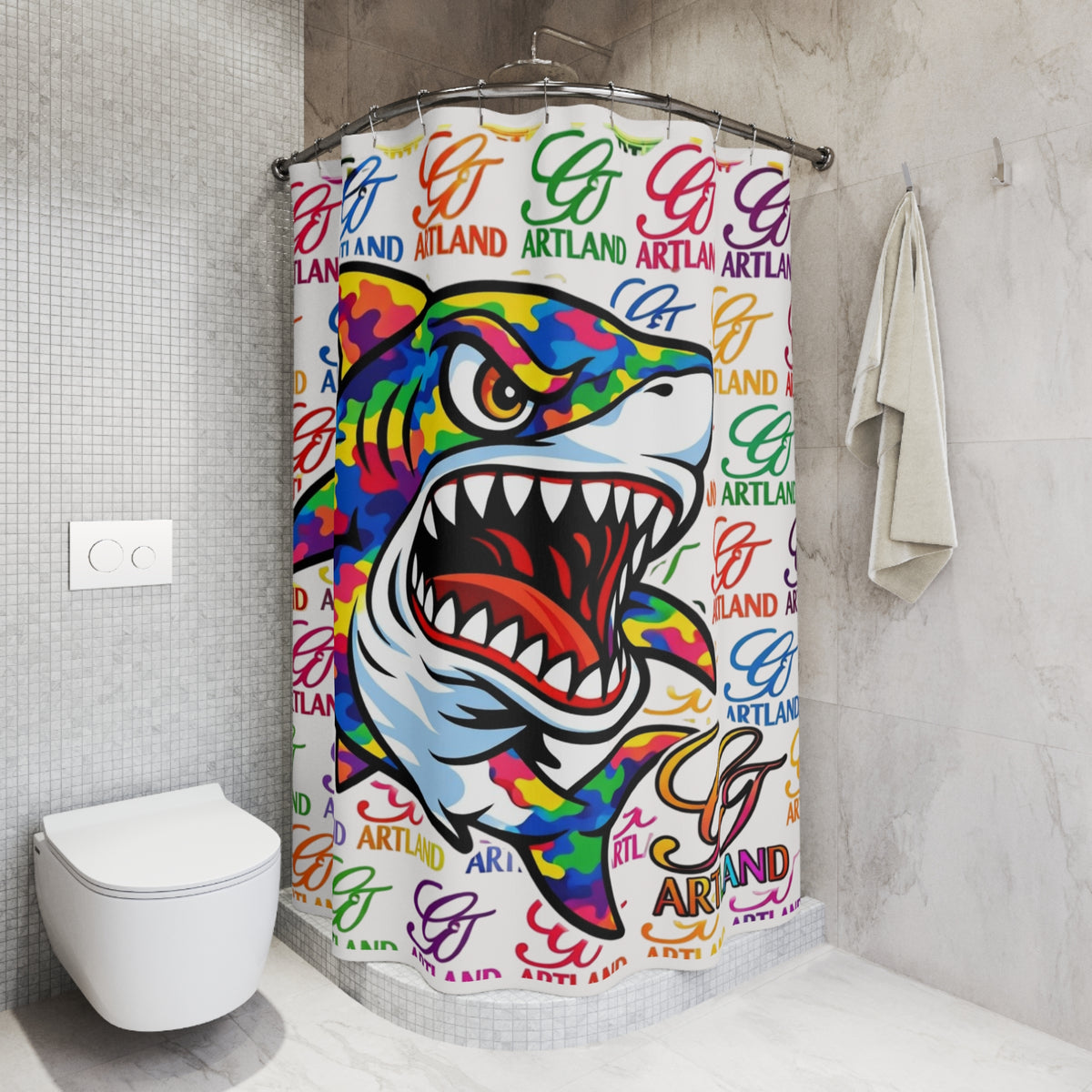 Colorful Designer Killa Rainbow Camouflage Shark GT Shower Curtain | Pop Art Logo Pattern by GT Artland