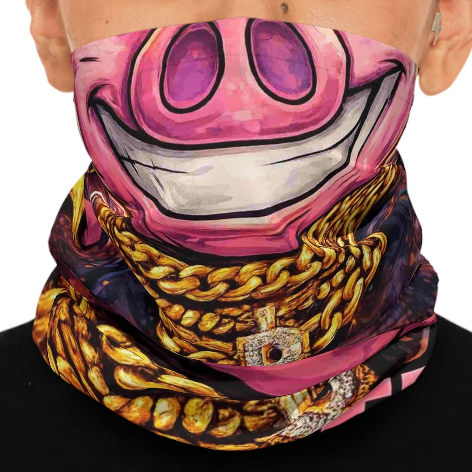 Pig with Gold Chains Neck Gaiter | Bold Cartoon Pig Face, Pink Typography by GT Artland